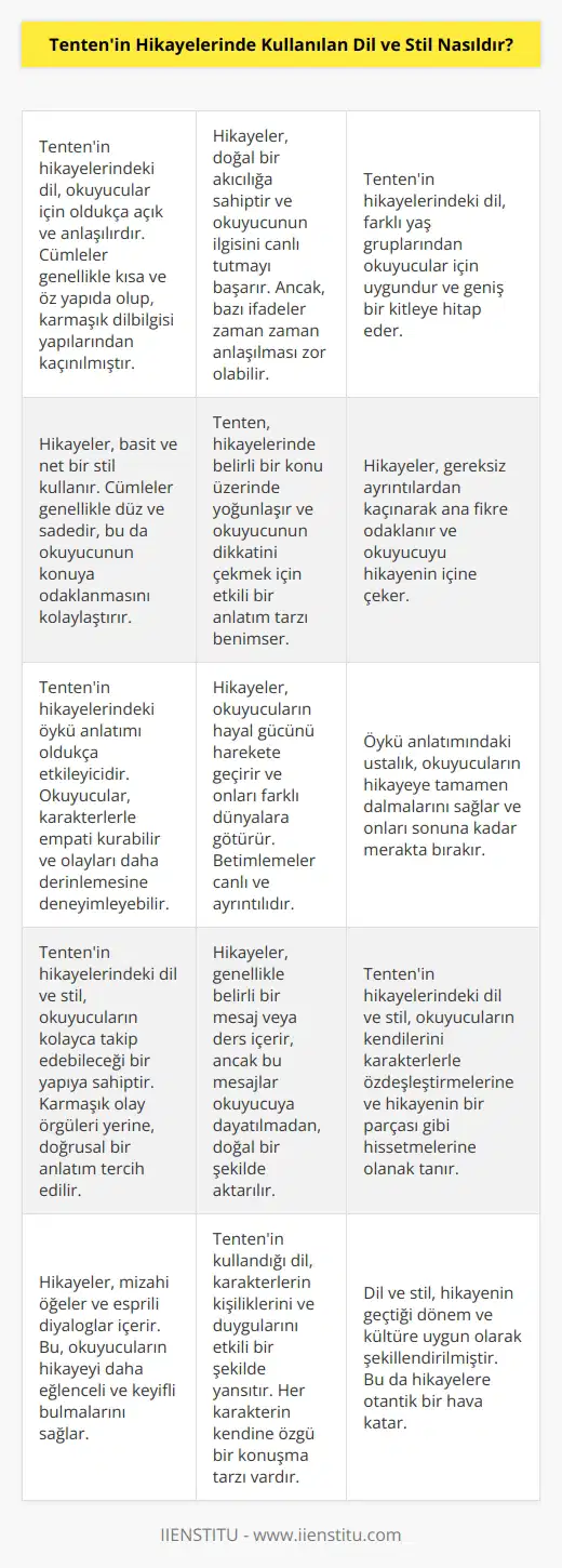 Tentenin Hikayelerinde kullanılan dil ve stil oldukça açık ve kolay anlaşılırdır. Hikayelerin dilinde doğal bir akıcılık vardır, ancak dili kullanımı sık sık çok anlaşılır olmayan ifadeler içerir. Hikayelerin stili ise oldukça basit ve nettir. Tenten tarafından kullanılan temel stil, konu üzerinde odaklanmak ve okuyucunun dikkatini çekmek için kullanılan düz ve sade cümlelerdir. Aynı zamanda, hikayelerde kullanılan öykü anlatımı da oldukça etkileyicidir ve okuyucuyu konuya daha derinlemesine girmelerine izin verir.