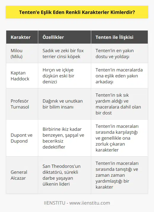 Köğepi Milou roman kapaklarında da yer alır. Tenten’in yakın arkadaşı Kaptan Haddock, deli dolu bir tip olan Profesör Turnasol. İkiz ol ar da ikizmiş gibi davranan şaşkın dedektifler Dupont ve Dupond.