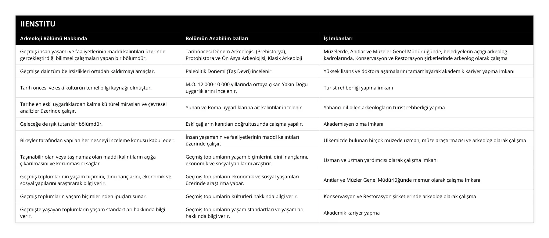 Geçmiş insan yaşamı ve faaliyetlerinin maddi kalıntıları üzerinde gerçekleştirdiği bilimsel çalışmaları yapan bir bölümdür, Tarihöncesi Dönem Arkeolojisi (Prehistorya), Protohistora ve Ön Asya Arkeolojisi, Klasik Arkeoloji, Müzelerde, Anıtlar ve Müzeler Genel Müdürlüğünde, belediyelerin açtığı arkeolog kadrolarında, Konservasyon ve Restorasyon şirketlerinde arkeolog olarak çalışma, Geçmişe dair tüm belirsizlikleri ortadan kaldırmayı amaçlar, Paleolitik Dönemi (Taş Devri) incelenir, Yüksek lisans ve doktora aşamalarını tamamlayarak akademik kariyer yapma imkanı, Tarih öncesi ve eski kültürün temel bilgi kaynağı olmuştur, MÖ 12 000-10 000 yıllarında ortaya çıkan Yakın Doğu uygarlıklarını incelenir, Turist rehberliği yapma imkanı, Tarihe en eski uygarlıklardan kalma kültürel mirasları ve çevresel analizler üzerinde çalışır, Yunan ve Roma uygarlıklarına ait kalıntılar incelenir, Yabancı dil bilen arkeologların turist rehberliği yapma, Geleceğe de ışık tutan bir bölümdür, Eski çağların kanıtları doğrultusunda çalışma yapılır, Akademisyen olma imkanı, Bireyler tarafından yapılan her nesneyi inceleme konusu kabul eder, İnsan yaşamının ve faaliyetlerinin maddi kalıntıları üzerinde çalışır, Ülkemizde bulunan birçok müzede uzman, müze araştırmacısı ve arkeolog olarak çalışma, Taşınabilir olan veya taşınamaz olan maddi kalıntıların açığa çıkarılmasını ve korunmasını sağlar, Geçmiş toplumların yaşam biçimlerini, dini inançlarını, ekonomik ve sosyal yapılarını araştırır, Uzman ve uzman yardımcısı olarak çalışma imkanı, Geçmiş toplumlarının yaşam biçimini, dini inançlarını, ekonomik ve sosyal yapılarını araştırarak bilgi verir, Geçmiş toplumların ekonomik ve sosyal yaşamları üzerinde araştırma yapar, Anıtlar ve Müzler Genel Müdürlüğünde memur olarak çalışma imkanı, Geçmiş toplumların yaşam biçimlerinden ipuçları sunar, Geçmiş toplumlarin kültürleri hakkında bilgi verir, Konservasyon ve Restorasyon şirketlerinde arkeolog olarak çalışma, Geçmişte yaşayan toplumlarin yaşam standartları hakkında bilgi verir, Geçmiş toplumların yaşam standartları ve yaşamları hakkında bilgi verir, Akademik kariyer yapma
