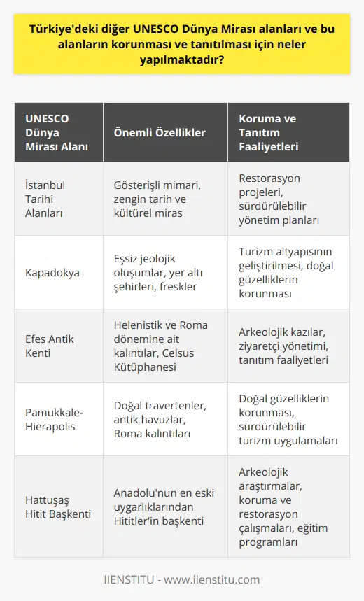 Türkiyedeki UNESCO Dünya Mirası Alanları Türkiye, tarihi ve kültürel zenginlikleriyle büyüleyici bir ülke olup, bu değerlerini korumak ve tanıtmak amacıyla 18 UNESCO Dünya Mirası alanına ev sahipliği yapmaktadır. Bu alanlar arasında gösterişli İstanbul tarihi alanları, eşsiz Kapadokya, antik Efes, Pamukkale Hierapolis antik kenti, Bergama antik kenti ve Hattuşaş Hittit başkenti yer almaktadır. Koruma Faaliyetleri Bu değerli alanların korunması için devlet tarafından birçok önlem alınmaktadır. Kültür ve Turizm Bakanlığı öncülüğünde sürdürülen koruma projeleri, Dünya Mirası alanlarının fiziksel ve kültürel varlıklarının korunması ve restorasyon çalışmalarının yapılması için önemli bir desteğe dönüşmektedir. Ayrıca, bu alanları daha iyi korumak için uluslararası ve yerel organizasyonlarla işbirliği yapılmakta ve alanların sürdürülebilir yönetim planları oluşturulmaktadır. Bilinirliğin Artırılması Bir diğer önemli konu ise bu alanların tanıtılması ve turistik potansiyelin ortaya çıkarılmasıdır. Türkiye, UNESCO Dünya Mirası listesindeki alanların turizme katkısını artırmak için reklam ve tanıtım faaliyetleri yürütmektedir. Ayrıca, Kültür ve Turizm Bakanlığı tarafından başlatılan birçok proje ile Dünya Mirası alanlarının tanıtımına özel önem verilmektedir. Eğitim ve Farkındalık Dünya Mirası alanlarının korunması ve tanıtılması için yapılan çalışmalar arasında eğitim ve farkındalık faaliyetleri de büyük önem taşımaktadır. Türkiye, bu alanlara yönelik eğitim programları düzenlemekte ve öğrencilere, rehberlere ve turizm çalışanlarına yönelik bilgi ve deneyim kazandırmaktadır. Bu faaliyetlerle, Türkiyenin kültürel ve doğal değerlerinin gelecek nesillere aktarılması ve korunması amaçlanmaktadır. Sonuç olarak, Türkiyedeki UNESCO Dünya Mirası alanlarının korunması ve tanıtılması adına devlet ve özel sektörün ortak çabalarıyla önemli projeler yürütülmektedir. Tüm bu çalışmalar, ülkenin tarihi ve kültürel değerlerinin gelecek nesillere aktarılmasını sağlayarak Türkiye turizminin sağlıklı bir şekilde gelişmesine büyük katkılar sunmaktadır.
