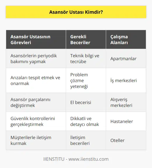 Asansör ustası apartman, günümüzde hemen hemen birçok bina ya da iş yerlerinde yer alan asansörlerin tamir ve bakım işlerini yapan kişidir. Bu işlemleri yaparken edinmiş olduğu bilgi ve tecrübeler ışığında hareket eder. Asansör ustası, çalışmalarında ihtiyacı olacak araç ve gereçleri, cihazları kullanma becerisi ve bilgisi gösteren kişidir.