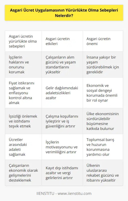 1. İşgücünün haklarının korunması ve insan onurunun korunması için.  2. İnsanların yaşamlarını ve geçimlerini sağlıklı bir şekilde sürdürebilmelerini sağlamak.  3. Fiyat istikrarını sağlamak ve alım gücünü koruyabilmek.  4. Ücretler arasındaki adaleti sağlamak ve çalışanların ekonomik olarak gelişmelerini desteklemek.  5. İşsizliği önlemek ve çalışma koşullarını iyileştirmek.  6. İşçilerin yaşam standardını ve yaşam kalitesini arttırmak.  7. Ülke ekonomilerinin gelişmesine katkıda bulunmak.