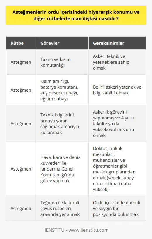 Asteğmenler, ordu içerisindeki hiyerarşik konum açısından subay rütbesinde olup, teğmen ile kıdemli çavuş rütbeleri arasında yer alırlar. Genel olarak, hava, kara ve deniz kuvvetleri ile birlikte Jandarma Genel Komutanlığı kapsamında takım ve kısım komutanlığını üstlenen subaylar olarak görev yaparlar. Asteğmenler, askeri teknik ve yeteneklere sahip olmak zorundadırlar, bu rütbe genellikle asker olmak isteyen ve bu alana ilgi duyan kişiler tarafından oldukça tercih edilen bir rütbedir. Asteğmenler, herhangi bir askeri birlikte takım ya da kısım komutanı olarak görev almalarının yanı sıra, teknik bilgilerini orduya yarar sağlamak amacıyla kullanırlar. Bunun yanında asteğmen olmak isteyen kişiler, askerlik görevini yapmamışsa ve 4 yıllık fakülte ya da yüksekokul mezunuysa asteğmen olarak görev yapabilirler. Asteğmen olmak için bazı mesleklerdeki kişiler daha avantajlı durumda olup, doktor, hukuk mezunları, mühendisler ve öğretmenler gibi meslek grupları başvuruları halinde yedek subay olma ihtimalleri diğer meslek gruplarına göre daha yüksektir. Bir asteğmenin görevleri arasında kısım amirliği, batarya komutanı, atış destek subayı ya da eğitim subayı gibi farklı roller bulunabilir. Bu görevlerin yanı sıra asteğmenlerin belirli başlı bazı sorumlulukları bulunmaktadır ve bu sorumluluklar, görev aldıkları yere bağlı olarak değişiklik gösterebilir. Özetle, asteğmenler, ordu içerisinde önemli ve saygın bir pozisyonda bulunurken, aynı zamanda önemli ve çeşitli görevler üstlenirler ve belirli askeri yetenek ve bilgi sahibi olmaları beklenir.