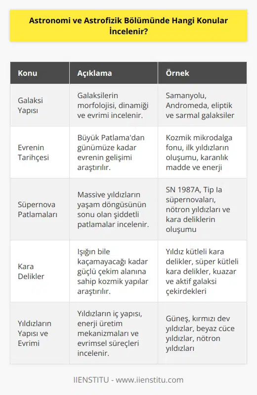 Astrofizik ve astronomi bölümünde incelenen konular arasında galaksi yapısı, evrenin tarihçesi, süpernova patlamaları, kara delikler, kozmolojik bilgiler, yıldızların evrimi, yıldızların yapısı, gezegenler, komşu galaksiler ve    bulunur.