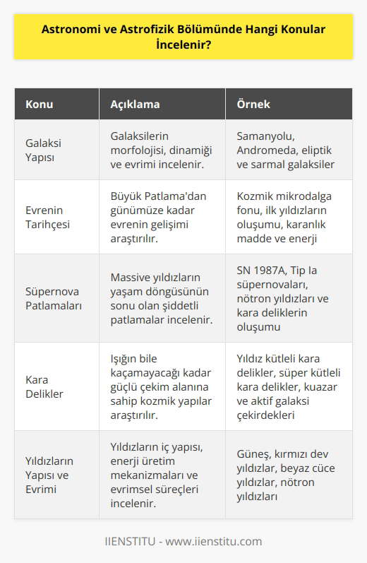 Astrofizik ve astronomi bölümünde incelenen konular arasında galaksi yapısı, evrenin tarihçesi, süpernova patlamaları, kara delikler, kozmolojik bilgiler, yıldızların evrimi, yıldızların yapısı, gezegenler, komşu galaksiler ve bulunur.