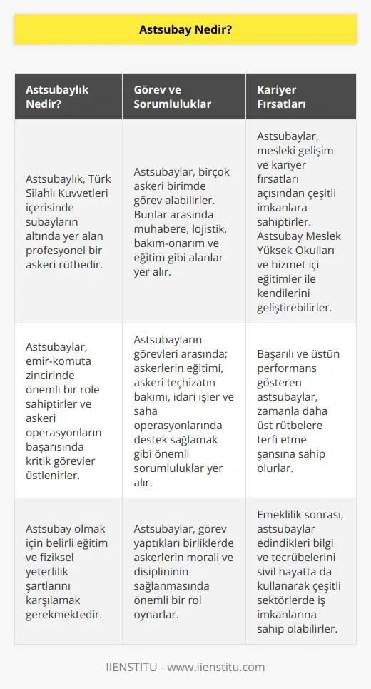 Astsubaylık, askeri hiyerarşi göz önüne alındığında subayın altında yer alan rütbedir. Mesleği tanımlayacak olursak: “TSK bünyesinde görev yapan, emir-komuta zincirindeki konumlarının yanı sıra muhabere ve askeri eğitim gibi farklılık gösteren alanlarda hizmet veren kişidir.” diyebiliriz.