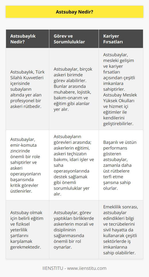 Astsubaylık, askeri hiyerarşi göz önüne alındığında subayın altında yer alan rütbedir. Mesleği tanımlayacak olursak: “TSK bünyesinde görev yapan, emir-komuta zincirindeki konumlarının yanı sıra muhabere ve askeri eğitim gibi farklılık gösteren alanlarda hizmet veren kişidir.” diyebiliriz.