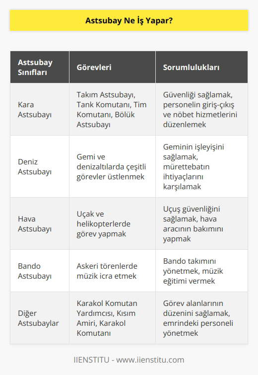 Astsubaylar, kara, deniz, hava ve bando astsubayı olarak görev yaparlar. Astsubayların görevi rütbelere göre değişir. Takım astsubayı, tank komutanı, tim komutanı, bölük astsubayı, karakol komutan yardımcısı, kısım amiri ve karakol komutanı vazifelerini üstlenirler. Görev ve yetki alanlarının düzeninden çalışanların giriş-çıkış ve nöbet hizmetlerini düzenlemeye kadar uzanan geniş bir yelpazede görevleri üstlenirler. Asıl görevleri güvenliği sağlamaktır.