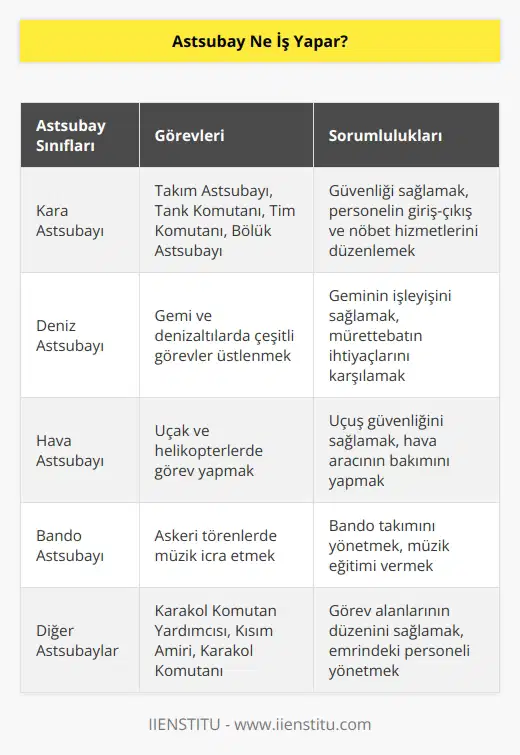 Astsubaylar, kara, deniz, hava ve bando astsubayı olarak görev yaparlar. Astsubayların görevi rütbelere göre değişir. Takım astsubayı, tank komutanı, tim komutanı, bölük astsubayı, karakol komutan yardımcısı, kısım amiri ve karakol komutanı vazifelerini üstlenirler. Görev ve yetki alanlarının düzeninden çalışanların giriş-çıkış ve nöbet hizmetlerini düzenlemeye kadar uzanan geniş bir yelpazede görevleri üstlenirler. Asıl görevleri güvenliği sağlamaktır.