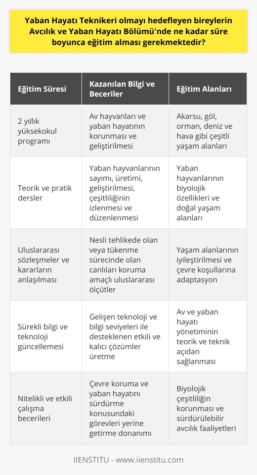Yaban Hayatı Teknikeri olmayı hedefleyen bireyler Av ve Yaban Hayatı Bölümünde genellikle iki yıllık bir yüksekokul programı süresince eğitim almak zorundadırlar. Bu eğitim sırasında öğrenciler, av hayvanları ve yaban hayatının korunması ve geliştirilmesi konularında yeterli bilgi ve beceri kazanırlar. Bilgi ve becerileri, hem teorik hem de teknik açıdan avlanma ve yaban hayatı yönetimini sağlamak üzere dizayn edilmiştir. Eğitim boyunca, öğrencilere çeşitli dersler verilir. Bu derslerin de içeriği, yaban hayvanlarının sayımı, üretimi, geliştirilmesi, çeşitliliğinin izlenmesi ve düzenlenmesi gibi konuları içerir. Ayrıca, öğrencilere yaban hayvanlarının yaşam alanları, adapte olduğu iklim ve çevre koşullarına dair bilgiler de verilir. Eğitim süresince, öğrencilere yaban hayvanları ve av hayvanlarının biyolojik özelliklerini, doğal yaşam alanlarını hangi çevre koşullarında yetiştiği ve bu yaşam alanlarının nasıl iyileştirileceği konularında ayrıntılı bilgiler verilir. Dahası, bölümün eğitim alanları arasında akarsu, göl, orman, deniz ve hava gibi çeşitli yaşam alanları da bulunur. Bu eğitimler, öğrencilerin yaban hayatını daha iyi anlamasını ve korumasını sağlar. Bu sayede, yaban hayvanları ve avçılık faaliyetlerinin sürdürülebilir bir şekilde yürütülmesi ve biyolojik çeşitliliğin korunması hedeflenir. Ayrıca, bu eğitimin bir parçası olarak öğrenciler, uluslararası sözleşmeler ve alınan kararları anlama ve bu sözleşmeler çerçevesinde nasıl hareket etmeleri gerektiğini öğrenirler. Bu sayede, nesli tehlikede olan veya tükenme sürecinde olan canlıları koruma amaçlı uluslararası ölçütleri anlarlar. Sonuç olarak, Avcılık ve Yaban Hayatı Bölümünde eğitim almayı planlayan bireyler, genellikle iki yıl süren bu programın teorik ve pratik derslerini tamamlamalıdırlar. Bu süreçte elde edilen bilgi ve beceri, bireylerin yaban hayatı teknikeri olarak nitelikli ve etkili bir şekilde çalışmalarını sağlar. Ancak, bu sürecin sonunda, öğrencilerin edindikleri bilgi ve beceri onları çevre koruma ve yaban hayatını sürdürme konusundaki görevlerini yerine getirme konusunda donanımlı hale getirecektir. Ancak unutulmaması gereken önemli bir husus, bu eğitim sürecinde alınan tüm bilgi ve becerilerin, gelişen teknoloji ve bilgi seviyeleri ile de desteklenmesi ve sürekli güncellenmesi gerekliliğidir. Bu sayede gerçek hayatta karşılaşılan sorunlar karşısında etkili ve kalıcı çözümler üretebilir, yaban hayatını koruma ve geliştirme görevlerini başarıyla yerine getirebilirler.