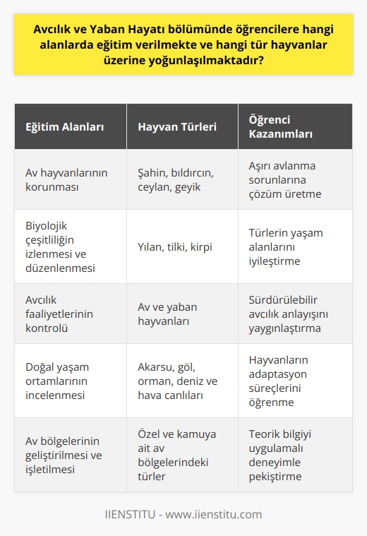 Avcılık ve Yaban Hayatı Eğitimi Avcılık ve Yaban Hayatı bölümünde öğrencilere, av hayvanlarının korunması, biyolojik çeşitliliğin izlenmesi ve düzenlenmesi, yaşam alanlarının iyileştirilmesi ve avcılık faaliyetlerinin kontrolü gibi alanlarda eğitim verilmektedir. Bu eğitimler, öğrencilerin teknik ve teorik olarak yaban hayatı yöneticilerine yardımcı olabilecek beceri ve bilgiye sahip olmalarını hedeflemektedir. Öğrencilere Tanınan Hayvanlar ve Yoğunlaşma Alanları Bölümde öğrencilere hangi tür hayvanlar üzerine yoğunlaşılmaktadır? Öncelikle, şahin, bıldırcın, ceylan, geyik, yılan, tilki, kirpi gibi yaban hayvanları akla ilk gelenler arasında yer almaktadır. Bu ve daha birçok türün aşırı avlanma, yaşam alanlarının ihlali gibi sorunlar sonucunda korunması ve iyileştirilmesi ihtiyacı ortaya çıkmıştır. Eğitim Programı ve Ders İçerikleri Avcılık ve Yaban Hayatı bölümünde verilen dersler, yaban hayvanlarının sayımı, üretimi, geliştirilmesi, çeşitliliğinin izlenmesi ve düzenlenmesi için teknik çalışmaları kapsar. Ayrıca, ülkemizde dağılış gösteren av hayvanları ve yaban hayvanlarının biyolojik olarak bölümlerini ve hangi doğal ortamlarda, hangi çevrede yetiştiği bilgisi de öğrencilere sunulmaktadır. Öğrencilere sunulan eğitim alanları; akarsu, göl, orman, deniz ve hava gibi çeşitli doğal yaşam ortamlarıdır. Bu alanlarda, hayvanların adapte olduğu yaşam alanlarına, kentlere ve iklime uyum sağlayışlarını öğrencilere öğretme ve yaşam alanlarını iyileştirme faaliyetlerini beklemekte ağırlık verilmektedir. Uygulama ve Koruma Alanlarının İyileştirilmesi Öğrenciler, özel olarak hazırlanmış ya da kamuya ait olan av bölgelerinin geliştirilmesi ve işletilmesi görevini üstlenerek, hem teorik bilgiye hem de uygulamalı deneyime sahip olmaktadırlar. Bu sayede, mezun olduktan sonra yaban hayatı alanındaki sorunların çözümüne ve koruma çalışmalarına aktif olarak katkı sağlayabilecek niteliklere sahip olmaları hedeflenmektedir. Sonuç olarak, Avcılık ve Yaban Hayatı bölümünde öğrencilere avcılık ve yaban hayatının korunması, geliştirilmesi ve düzenlenmesi konularında teknik ve teorik eğitim verilmekte; şahin, bıldırcın, ceylan, geyik, yılan, tilki, kirpi gibi türler üzerinde yoğunlaşılmaktadır. Bu eğitimler sayesinde, öğrenciler yaban hayatının korunması ve sürdürülebilir avcılık anlayışının yaygınlaştırılması için gerekli bilgi ve becerilere sahip olarak mezun olmaktadırlar.