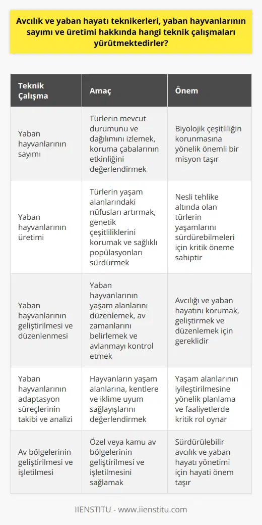 Avcılık ve yaban hayatı teknikerleri, yaban hayvanlarının sayımı ve üretimi hakkında çeşitli teknik çalışmaları yürütmektedirler. Bu çalışmal  nellikle av ve yaban hayatını koruma, geliştirme ve düzenleme hedefi ile gerçekleştirilmektedir. Özellikle nesli tehlike altında olan türlerin yaşamlarını sürdürebilmeleri için yürütülen bu çalışmalar, biyolojik çeşitliliğin korunmasına yönelik önemli bir misyon taşımaktadır.   Teknik çalışmalnel olarak yaban hayvanlarının sayımı, üretimi, geliştirilmesi ve çeşitliliğinin izlenmesini kapsamaktadır. Sayım çalışmaları, türlerin mevcut durumunu ve dağılımını izlemek, koruma çabalarının etkinliğini değerlendirmek için yapılırken; üretim çalışmaları, türlerin yaşam alanlarındaki nüfusları artırmak, genetik çeşitliliklerini korumak ve sağlıklı popülasyonları sürdürmek amacıyla gerçekleştirilir.  Ayrıca, teknikerler tarafından yürütülen geliştirme ve düzenleme çalışmaları da kapsamlı bir süreçtir. Bu çalışmalar, yaban hayvanlarının yaşam alanlarını düzenlemek, av zamanlarını belirlemek ve avlanmayı kontrol etmek için yapılmaktadır. Bu ayarlamaların amacı avcılığı ve yaban hayatını korumak, geliştirmek ve düzenlemektir.   İlaveten, yaban hayatı teknikerleri, hayvanların adapte olduğu yaşam alanlarına, kentlere ve iklime uyum sağlayışlarını takip eder ve analiz eder. Bu değerlendirmeler, hayvanların yaşam alanlarının iyileştirilmesine yönelik planlama ve faaliyetlerde kritik rolu bulunur. Son olarak, geliştirme ve iyileştirme faaliyetleri, özel veya kamu av bölgelerinin geliştirilmesi ve işletilmesi için de hayati öneme sahiptir.   Böylece, avcılık ve yaban hayatı teknikerlerinin gerçekleştirdiği bu teknik çalışmalar, yaban hayvanlarının korunması ve sürdürülebilirliğinin sağlanması açısından büyük bir önem taşımaktadır. Bu alanda uzmanlaşan kişiler ve kuruluşlar, bu zorlu ve karmaşık görevi başarıyla yerine getirerek türlerin yaşamları ve ekosistemlerin sağlığı için çok değerli bir katkı sağlamaktadır.