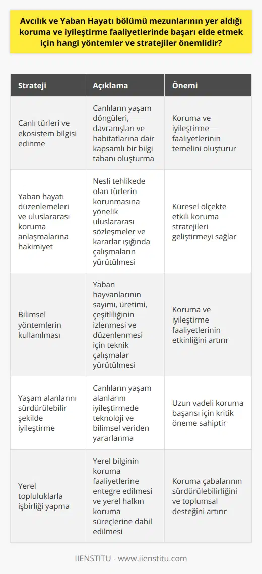 Avcılık ve Yaban Hayatı bölümü mezunlarının yer aldığı koruma ve iyileştirme faaliyetlerinde başarı elde etmek için bir dizi strateji ve yöntem önemlidir. Öncelikle, etkin bir canlı türleri ve ekosistem bilgisi edinme gereklidir. Bu anlamda, canlıların yaşam döngüleri, davranışları ve habitatlarına dair kapsamlı bir bilgi tabanına ihtiyaç duyulmaktadır. Ayrıca, yaban hayatı düzenlemeleri ve uluslararası koruma anlaşmalarına hakim olunması önemlidir. Nesli tehlikede olan türlerin korunmasına yönelik uluslararası sözleşmeler ve kararlar ışığında çalışmaların yürütülmesi gerekmektedir.  Bunun yanında, koruma ve iyileştirme faaliyetlerinde bilimsel yöntemlerin kullanılması da başarıyı belirleyen bir diğer önemli faktördür. Özellikle yaban hayvanlarının sayımı, üretimi, çeşitliliğinin izlenmesi ve düzenlenmesi için teknik çalışmalar yürütülmelidir. Bununla birlikte, canlıların yaşam alanlarını sürdürülebilir bir şekilde iyileştirme ve bu alanda teknoloji ve bilimsel veriden yararlanma konusunda da bilgi sahibi olmak gerekmektedir.   Son olarak, başarıya ulaşmak için yerel topluluklarla işbirliği yapılmasının öneminden söz etmek gerekir. Yerel bilginin koruma faaliyetlerinin başarısında büyük bir rol oynadığı unutulmamalıdır. Bu nedenle, toplulukların gereksinimleri ve görüşleri göz önünde bulundurularak, yerel halkın da koruma ve iyileştirme süreçlerine dahil edilmesi önemlidir.  Tüm bu yöntemler ve stratejiler, Avcılık ve Yaban Hayatı mezunlarının koruma ve iyileştirme faaliyetlerinde başarıya ulaşmasında etkin bir rol oynamaktadır.