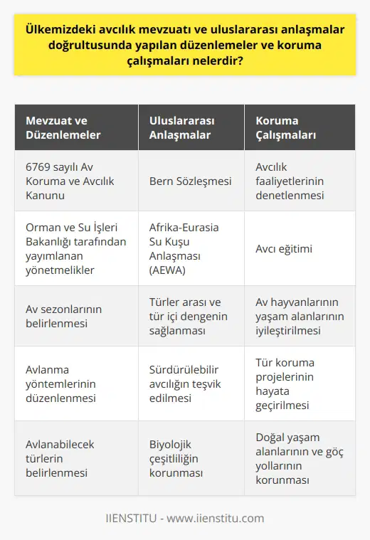 Avcılık Mevzuatı ve Düzenlemeler  Ülkemizde avcılık faaliyetlerinin yasal çerçevesini, 6769 sayılı Av Koruma ve Avcılık Kanunu ve Orman ve Su İşleri Bakanlığı tarafından yayımlanan yönetmelikler belirlemektedir. Bu mevzuat, av hayvanlarının ve yaşam alanlarının korunması amacıyla av sezonlarının, avlanma yöntemlerinin ve avlanabilecek türlerin belirlenmesine yöneliktir.  Uluslararası Anlaşmalar  Ülkemiz, biyolojik çeşitlilik ve doğal yaşam alanlarının korunmasına yönelik olarak çeşitli uluslararası anlaşmaları imzalamıştır. Bunların başında Bern Sözleşmesi ve Kuzey Afrika ile Avrupa arasındaki paylaşılan su kuşlarının korunmasına ilişkin Afrika-Eurasia Su Kuşu Anlaşması (AEWA) gelmektedir. Bu anlaşmaların amaçları, türler arası ve tür içi dengenin sağlanması ve sürdürülebilir avcılığı teşvik etmektir.  Koruma Çalışmaları  Ülkemizde gerçekleştirilen koruma çalışmaları, avcılık mevzuatının ve uluslararası anlaşmaların gereklilikleri doğrultusunda yürütülmektedir. Bu çalışmalar, avcılık faaliyetlerinin denetlenmesi, avcı eğitimi, av hayvanlarının yaşam alanlarının iyileştirilmesi ve tür koruma projelerinin hayata geçirilmesini içermektedir.  Denetim ve Eğitim  Avcılık faaliyetlerinin denetlenmesi amacıyla ilgili kurumlar sürekli olarak denetim ve kontrol faaliyetleri yürütmekte, usulsüz olarak avlanan veya av mevzuatına uymayan kişilere cezai işlem uygulanmaktadır. Ayrıca ülkemizde avcılık yapmak isteyenler için zorunlu olan avcı eğitimi, av etiği ve sürdürülebilir avcılığın benimsenmesi adına önemlidir.  Yaşam Alanlarının İyileştirilmesi  Türlerin yaşam alanlarını iyileştirmeye yönelik olarak, avlanmayı teşvik etmeyen yaşam alanlarının düzenlenmesi ve rehabilite edilmesi gibi çalışmalar yapılmaktadır. Ayrıca doğal yaşam alanlarının ve göç yollarının korunması, sulak alanların yönetimi ve yeni yaşam alanlarının oluşturulması gibi faaliyetler de gerçekleştirilmektedir.  Tür Koruma Projeleri  Avcılığa bağlı olarak tehlike altındaki türler ve yaşam alanları için tür koruma projeleri hayata geçirilmektedir. Bu sayede, türlerin yaşamları ve doğal yaşam dengesi üzerindeki olumsuz etkiler azaltılarak, av kaynaklarının sürdürülebilir kullanımı desteklenmektedir.