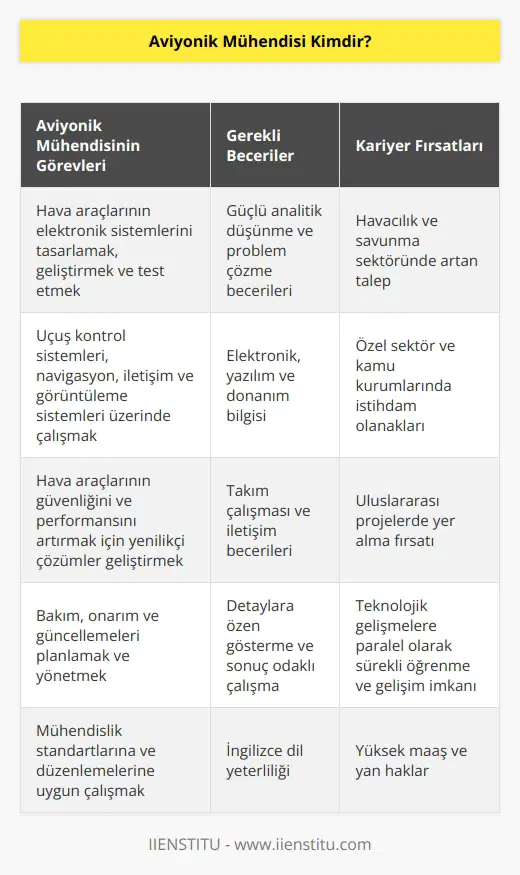 Aviyonik mühendisi havacılık sektöründe kullanılan her türlü aracın elektronik aksamından sorumlu olan meslek mensuplarıdır. Bu alanda yapılan tüm çalışmalar; donanım, yazılım, ekipman takibi bu mühendisin ilgi alanı ve sorumluluğu altındadır. Mühendisler son yıllarda yaşanan teknolojik gelişmelerin de etkisiyle sektörde imkanına sahip meslek grupları içindedir.