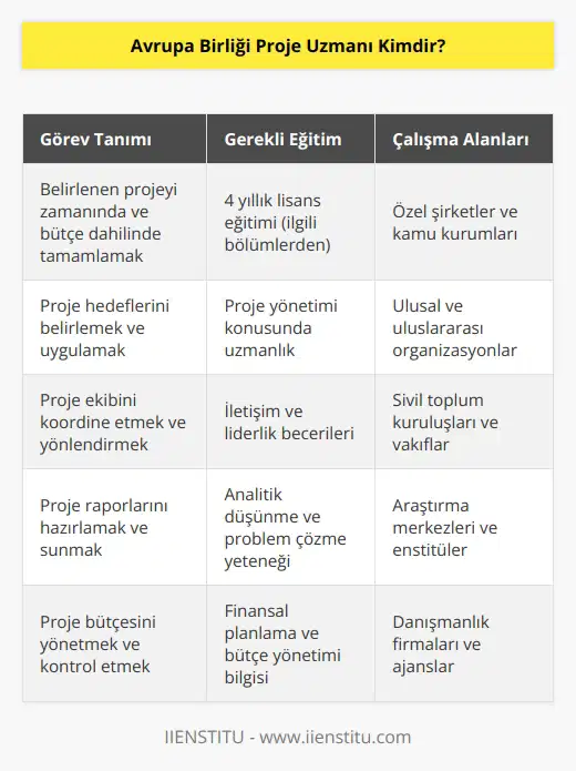 Avrupa Birliği proje uzmanı kendisinin tamamlaması için belirlenen projeyi, tespit edilen süre içinde ve oluşturulan bütçe kapsamında en doğru şekilde tamamlaması gereken kişidir. Özel şirketler başta olmak üzere kamu kurumlarında da görev almaktadırlar. Avrupa Birliği proje uzmanı olmak için ilgili bölümlerden 4 yıllık lisans eğitimi almaları gerekir.