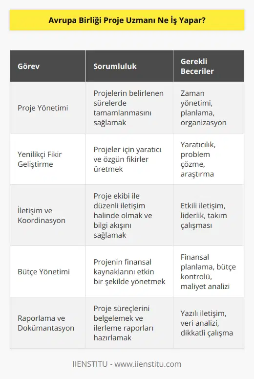 Avrupa Birliği Proje Uzmanı projelerin belirlenen sürelerde tamamlanması için çalışmalar yapar. Projeler için yenilikçi ve yaratıcı fikirler geliştirir. Projelerde görev alan diğer çalışanlardan akışla alakalı düzenli bilgiler almayı talep eder.