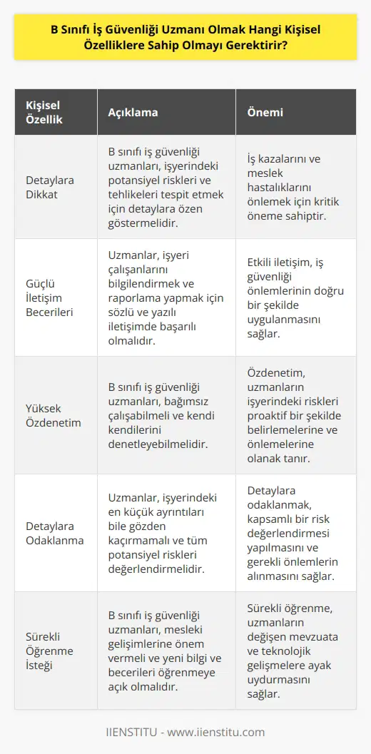 B sınıfı iş güvenliği uzmanlarının detaylara dikkat edecek şekilde çalışmaları gerekir. İş yeri çalışanlarını bilgilendirebilmeleri ve raporlama yapabilmeleri için güçlü sözlü ve yazılı dile hâkimi olmaları gerekir. Yüksek denetimle çalışabilecek şekilde    sahibi ve detaylara odaklı olmaları önemlidir.