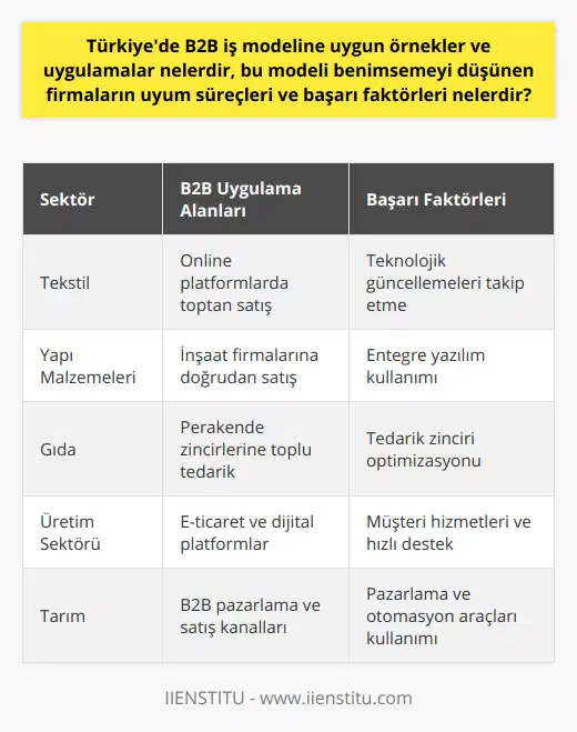 Türkiye'deki B2B uygulamalarına örnek olarak, büyük çapta toptancılık yapan tekstil şirketlerini verebiliriz. Bu tür firmalar, kendi ürünlerini doğrudan perakende satıcılarına sunarak ve özellikle online platformlarda satış yaparak B2B modelini benimsemekte ve başarıya ulaşmaktadır. Tekstil dışında yapı malzemeleri, inşaat malzemeleri ve gıda sektöründe faaliyet gösteren firmalar da B2B modeline uygun örnekler arasındadır.B2B modelini benimsemeye karar veren firmaların başarıya ulaşması için dikkat etmesi gereken önemli konuların başında, kendini sürekli güncelleyen teknolojilere ayak uydurmaktır. Ürün ve hizmet sunum süreçlerinin hızlı ve verimli olması, hem işletmenin hem de hedef müşterinin beklentilerini karşılayarak güçlü iş ilişkilerinin temellerini atmaktadır.Tüm süreçleri yönetebilecek entegre yazılımlar kullanmak ve tedarik süreçlerini optimize etmek B2B modelini benimseyen şirketler için önemlidir. Müşteri hizmetleri ve destek konusunda ise, firmaların özellikle hızlı ve iyi bir şekilde çözüm sağlaması, işbirlikleri ve ilişkilerinin daha uzun soluklu olmasına katkı sağlar.B2B pazarına girmek isteyen firmalar, özellikle dijitalleşme ve e-ticaret dünyasına önem vermeli, kullanabilecekleri işletme ölçeğinde uygun teknoloji ve yazılım çözümleri tercih ederek sürece adapte olmalıdır. Pazarlama ve otomasyon araçları ile aslında B2B süreçleri de B2C kadar sade ve kullanıcı dostu bir hale getirilebilir. Bu noktada, B2B modelini benimseyen Tarım, üretim sektörü gibi Türkiye'nin lokomotif sektörleri de teknoloji ve dijitalleşmeye uyum sağlarak başarı oranlarını artırabilirler.Sonuç olarak, Türkiye'de B2B iş modeline uygun örnekler ve uygulamaların başarısı, doğru hedef pazar belirlemesi, kaliteli ürün ve hizmet sunumu, esneklik ve sektörün gerektirdiği müşteri ilişkileri yönetme kabiliyetine bağlıdır. Günümüzün rekabetçi ortamında B2B iş modeline geçiş, işletmelerin büyümesi ve sürekli başarıya ulaşması için önemli bir yol olarak görülmektedir.