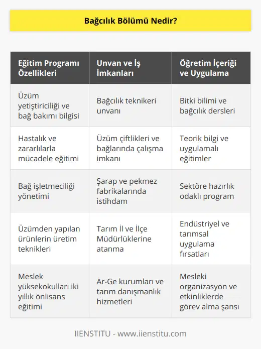 Bağcılık BölümüBağcılık bölümü, tarım sektörüne yönelik özel bir eğitim programıdır. Bu eğitim programı kapsamında öğrencilere üzüm yetiştiriciliği, üzüm bağlarının bakımı, hastalık ve zararlılarla mücadele, bağ işletmeciliği ve üzümden yapılan ürünlerin üretimi gibi konularda bilgi ve beceri kazandırılır.Bağcılık bölümü, üniversitelerin meslek yüksekokullarında yer alan önlisans programlarından biridir ve genellikle iki yıl süren eğitim verir. Eğitimin başarılı bir şekilde tamamlanmasının ardından öğrencilere bağcılık teknikeri unvanı verilir. Bu unvan ile bağcılık alanında çalışmaya başlamak mümkündür. Türkiye gibi üzüm yetiştiriciliğinin önemli bir geçim kaynağı olduğu ülkelerde, bağcılık bölümü mezunlarına büyük iş imkanları sağlamaktadır.Bağcılık bölümünün öğretim içeriği, genel olarak bitki bilimi ve bağcılık üzerine yoğunlaşmaktadır. Derslerde teorik bilginin yanı sıra, uygulamalı eğitimlere de yer verilmektedir. Bu sayede öğrenciler bağcılık ile ilgili gerekli bilgi birikimine ulaşır ve sektörde çalışmaya hazır hâle gelirler.Bağcılık bölümü mezunlarının çalışma alanları oldukça geniştir. İş imkanları, özellikle üzüm yetiştiriciliğinin yoğun olduğu bölgelerde daha fazladır. Aşağıda bağcılık bölümü mezunlarının çalışabileceği alanlara örnekler verilmektedir:- Tarım İl ve İlçe Müdürlükleri- Üzüm üretimi yapan çiftlikler ve bağlar- Üzüm paketleme ve dağıtım şirketleri- Şarap ve pekmez üretimi yapan fabrikalar- Meyve suyu ve konsantre üreticileri- Tarımsal araştırma kurumları ve enstitüler- Tarım danışmanlık hizmetleri şirketleri- Bağcılık ve şarapçılığa dair organizasyonlar ve etkinliklerde görev almaSonuç olarak, bağcılık bölümü; teorik bilgi ve uygulamalı eğitim ortamı ile bağcılık sektörünün ihtiyaç duyduğu bilgi ve beceriye sahip teknikerler yetiştirilmesine katkı sağlamaktadır. Ülkemizde üzüm yetiştiriciliği ve bağcılık sektörünün büyük öneme sahip olduğu düşünüldüğünde, bu bölüm mezunlarına sektörde çeşitli iş olanaklarının sağlandığı görülmektedir. Profesyonel bir kariyere yönelmek isteyen ve bağcılık alanına ilgi duyan bireyler için bağcılık bölümü, önemli bir tercih sebebi olabilir.
