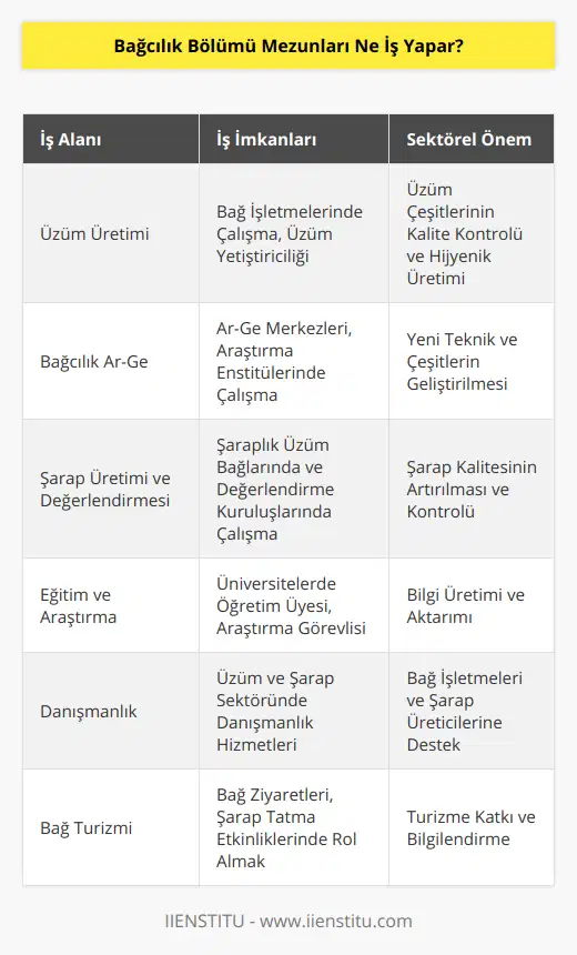 Bağcılık Bölümü Mezunlarının İş İmkanları1. Üzüm Üretimi: Bağcılık bölümü mezunları, üzüm üretimi gerçekleştiren bağ işletmelerinde çalışarak hem yerli hem de yabancı çeşitlerde üzüm yetiştiriciliği yapabilirler. Üzüm çeşitleri arasında en ünlü olanları Sultanu, Çavuş, Razaki ve İzmir Karası sayılabilir. Üzümlerin hijyenik koşullarda üretilmesi, hastalıklardan korunması ve kalite kontrol süreçleri bağcılık bölümü mezunu uzmanların sorumluluğundadır.2. Bağcılık Araştırma ve Geliştirme (Ar-Ge): Bağcılık bölümü mezunları, alanında çalışan Ar-Ge merkezleri ve tarım bakanlığına bağlı araştırma enstitülerinde çalışarak sürekli gelişen ve güncellenen bağcılık alanında yeni teknikler, çeşitler ve yöntemler keşfedebilirler. Bu sayede hem Türkiye hem de dünya bağcılığı için önemli katkılar sağlarlar.3. Şarap Üretimi ve Değerlendirmesi: Bağcılık bölümü mezunları, şaraplık üzüm üreten bağlarda çalışarak şarap sektöründe rol alabilirler. Yeniden yapılandırma sürecine giren Türk şarap sektöründe bu alanda çok sayıda kalifiye elemana ihtiyaç vardır. Şarap üretimi ve kalite kontrol sürecinde, üreticiler ve bağımsız değerlendirme kuruluşları için çalışabilirler.4. Eğitim ve Araştırma: Bağcılık bölümü mezunları, ilgili üniversitelerin bağcılık bölümlerinde öğretim üyesi olarak akademik kariyer yapma şansına sahiptir. Üniversitelerin tarım fakülteleri ve araştırma enstitüleri gibi alanında çalışan merkezlerde yeni bilginin üretilmesi ve aktarılması konusunda katkı sağlarlar.5. Danışmanlık: Bağcılık bölümü mezunları, deneyimlerini ve bilgilerini aktararak üzüm ve şarap sektöründe danışmanlık hizmeti verebilirler. Bu alanda hizmet veren bağcılık danışmanları, bağ işletmelerinin ve şarap üreticilerinin başarı ve kaliteyi artırmak adına ihtiyaç duyduğu bilgi ve yöntemleri sağlar.6. Bağ Turizmi: Türkiye'nin gelişen bağ turizmi alanında bağcılık bölümü mezunları da önemli bir rol oynayabilir. Turistik alanlarda bağların ziyaret edilmesi ve şarap tatma etkinliklerinin düzenlenmesinde bu bölüm mezunu uzmanların bilgilerinden yararlanabilir.Sonuç olarak, bağcılık bölümü mezunları, alanlarında farklı sektörlerde ve pozisyonlarda çalışma imkanlarına sahip olup, hem ülke ekonomisine hem de bağcılık sektörünün gelişmesine katkı sağlarlar.