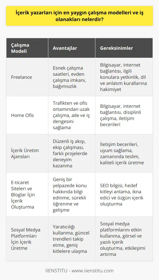 İçerik yazarları için en yaygın çalışma modelleri freelance, home ofis ya da içerik üretim ajansları ile çalışmayı içerir. Bu iş olanakları, yazarların iş dünyasının evriminin bir parçası olan online bir alanda çalışmalarını sağlar. İçerik yazarlarının sayısındaki artış, internetin yaygınlaşması ve her geçen gün daha fazla şirketin dijital alanda varlık göstermeyi amaçlamasından kaynaklanmaktadır.  İçerik yazarlığının popülerlik kazanması ve iş hayatında çeşitlenen roller, kadınlar dahil birçok kişiye    imkanı sunmaktadır. Bu sayede, bir yandan çocuklarına bakabilen diğer yandan da kendi bilgi ve becerilerini değerlendirebilen birçok kadın, ekonomiye katkı sağlama olanağına sahip olmuştur. Bu durum, kadınların eğitim durumları ve çocuk sahibi olmaları gibi faktörlere bağlı olmaksızın, iş hayatına daha aktif katılmalarına olanak tanır.  Teknik olarak içerik yazarlığı yapabilmek için bir bilgisayara ve internet bağlantısına ihtiyaç duyulur. İlgili konulara yetkinlik, dil ve anlatım kurallarına hakim olmayı gerektirir. Yazarlar, genellikle e-ticaret siteleri, bloglar, şirket web sayfaları ve sosyal medya platformları için içerik oluştururlar. Ancak bu süreçte yazarlar, sadece kendi uzmanlık alanlarına sınırlı kalmaz, çeşitli konular hakkında bilgi sahibi olmak için araştırma yaparlar.  Tüm bu göz önüne alındığında, içerik yazarlığı özellikle evde çalışmayı arzulayan bireyler ve profesyoneller için uygun bir iş modelidir. Bu yükselen profesyonel alan, metropollerde yaşayan ve trafikten rahatsız olanlar, kapalı ofis ortamlarından sıkılanlar ve daha esnek bir çalışma programına sahip olmak isteyenler için de büyük fırsatlar sunmaktadır.