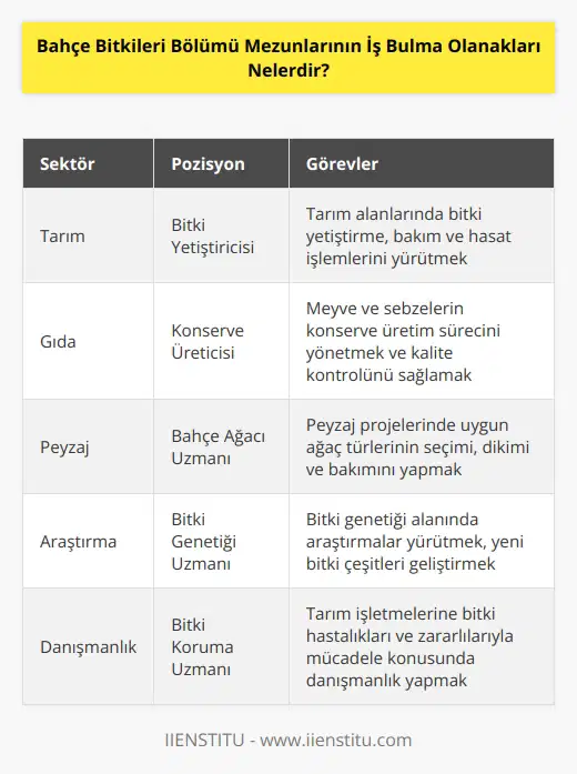 Bahçe bitkileri mezunları, çeşitli sektörlerde çalışma olanaklarına sahiptir. İş bulma olanakları arasında; üretici, konserve üreticisi, , bahçe ağacı uzmanı, bitkisel üretici, tohumluk satıcısı, bahçe bitkileri tedarikçisi, bitki üreticisi, bitki bahçecisi, bitkisel üretici, bitki mühendisi, bitki u, bitki genetiği uzmanı, bitki ekolojisi uzmanı, bitki yetiştiricisi, bitki koruma uzmanı, bitki biyokimyacısı, bitki türü uzmanı, bitki biyoteknolojisi uzmanı, bitki kimyasal uzmanı, bitki fizyolojisi uzmanı, bitki besleme uzmanı ve bitki ekonomisi uzmanı gibi görevleri yürütebilir.