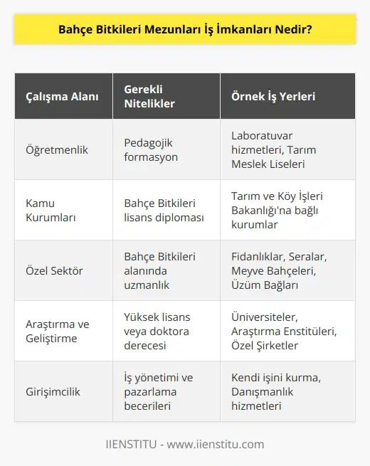 Bahçe bitkileri bölümünü tamamlayan mezunlar pedagojik formasyona sahip olarak, laboratuvar hizmetlerinde öğretmen olarak yer alabilirler. Bölüm mezunları Tarım ve Köy işleri Bakanlığına bağlı birçok kuruluşta iş imkânına sahip olabilirler. Bunun yanı sıra zirai konularda hizmet veren; fidanlık, sera, meyve bahçeleri, üzüm bağları gibi alanlarda çalışma sahaları içinde yer alır.
