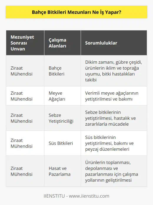 Bahçe bitkileri bölümünü tamamlayan mezunlar ziraat mühendisi unvanını aldıktan sonra bahçe bitkileri alanında donanıma sahip bir ziraat mühendisi olarak çalışmalarına başlar. Bahçe bitkilerinin dikim zamanı, gübre çeşidi, ürünlerin iklim ve toprağa uyumu, bitki hastalıkları, verimli meyve ağaçları, sebze ve süs bitkileri gibi bahçe bitkilerinin sürecini takip etmekten sorumludur. Bağ ve bahçede ürünlerinin toplanması, depolanması ve pazarlanması ile ilgili gerek görülen çalışma yollarını geliştirmelidir.