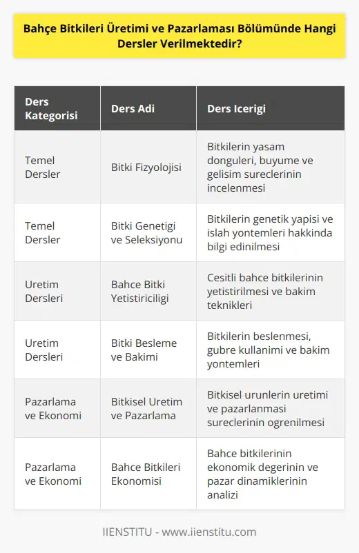 1. Bitki Besleme ve Bakımı 2. Bahçe Bitki Yetiştiriciliği 3. Bitki Hastalıkları ve Zararlıları 4. Bitkisel Üretim ve Pazarlama 5. Bitkisel Ürünleri İşleme ve Pazarlama 6. Bahçe Bitkileri Ekonomisi 7. Bitki Genetiği ve Seleksiyonu 8. Bitki Fizyolojisi 9. Bitki Gübreleme 10. Toprak Bilimi