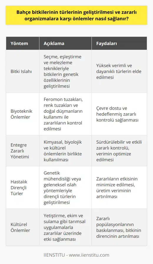 Bitki Islah Yöntemleri Bahçe bitkilerinin türlerinin geliştirilmesi, tarımsal üretimin verimliliğini ve sürdürülebilirliğini artırmaya yönelik önemli bir süreçtir. Bu süreçte, genetik ve fizyolojik potansiyeli yüksek olan yeni türlerin ortaya çıkışı ve mevcut bitki türlerinin sağlıklı bir şekilde yetiştirilmesi esastır. Bitki ıslah yöntemleri, seçme, eşleştirme ve melezleme gibi tekniklerle bitkilerin genetik özelliklerinin geliştirilmesine imkan sağlar. Zararlılara Karşı Biyoteknik Önlemler Zararlı organizmalara karşı önlemleri sağlamak için, biyoteknik yöntemler kullanılabilir. Biyoteknik önlemler zararlıların biyolojik döngülerine müdahale ederek etkisiz hale getirme temelli çalışır. Feromon tuzakları ve renk tuzakları gibi zararlıları çeken ve başkalarına zarar vermeden etkisiz hale getiren yöntemler kullanılır. Ayrıca, zararlıları kontrol eden doğal düşmanların kullanımı, biyoteknik önlemler arasında önemli bir yer tutar. Entegre Zararlı Yönetimi Entegre zararlı yönetimi, bahçe bitkilerinde zararlı organizmalara karşı alınacak önlemleri etkili bir şekilde uygulayarak, hem verimi optimize eder hem de çevreye duyarlı bir yaklaşım sunar. Kimyasal mücadele, zararlılar üzerine doğrudan etki eden pestisitlerin uygulanmasıyla gerçekleştirilir. Ancak, sürdürülebilir bir yönetim için, biyolojik mücadele ve kültürel önlemler de kullanılmalıdır. Biyolojik mücadele, zararlıların doğal düşmanları olan parazit ve predatörlerle kontrol edilmesidir. Kültürel önlemler ise yetiştirme, ekim ve sulama gibi tarımsal uygulamalarla zararlılar üzerinde etki sağlar. Hastalık Dirençli Türlerin Geliştirilmesi Hastalık dirençli bitki türlerinin kullanılması, bahçe bitkilerinin zararlı organizmalara karşı daha dayanıklı olmasını sağlar. ile dirençli türler üretilebilir veya mevcut türlerin dirençli özellikleri üzerinde çalışılarak, daha dayanıklı yeni türler oluşturulabilir. Bu sayede, zararlıların etkisi minimuma indirilirken, üretim verimi ve sürdürülebilirlik artar. Sonuç olarak, bahçe bitkilerinin türlerinin geliştirilmesi ve zararlı organizmalara karşı önlemler almak, tarımsal üretimin verimliliği ve sürdürülebilirliği için büyük önem taşır. Bitki ıslah yöntemleri, biyoteknik önlemler, entegre zararlı yöntemleri ve hastalık dirençli türlerin geliştirilmesi sayesinde bu amaçlara ulaşmak mümkündür.