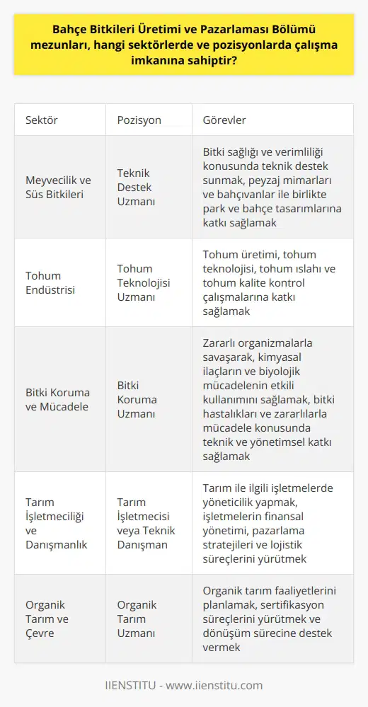 Tarım Sektörü ve Kariyer Olanakları  Bahçe Bitkileri Üretimi ve Pazarlaması Bölümü mezunları, başta tarım sektörü olmak üzere çeşitli alanalarda ve pozisyonlarda çalışma imkanına sahiptir. Tarım sektöründeki istihdam olanaklarını açıklamadan önce bu sektörlerden kısaca bahsetmek önemlidir.  Meyvecilik ve Süs Bitkileri  Bahçe Bitkileri Üretimi ve Pazarlaması mezunları, meyvecilik, sebzecilik ve süs bitkileri yetiştiriciliği alanlarında çalışabilir. Üretim süreçlerinde teknik destek sunarak bitki sağlığı ve verimliliği konusunda önemli roller üstlenirler. Ayrıca süs bitkileri sektöründe peyzaj mimarları ve bahçıvanlar ile birlikte çalışıp, park ve bahçe tasarımlarına katkı sağlarlar.  Tohum Endüstrisi  Tohum endüstrisinde farklı pozisyonlarda çalışma imkanları sunan Bahçe Bitkileri Üretimi ve Pazarlaması Bölümü mezunları; sektörde tohum üretimi, tohum teknolojisi, tohum ıslahı ve tohum kalite kontrol çalışmalarına katkı sağarlar.  Bitki Koruma ve Mücadele  Bitki koruma ve mücadele alanında, zararlı organizmalarla savaşarak, gerek kimyasal ilaçların gerekse biyolojik mücadelenin etkili kullanımını sağlarlar. Bu alanda çalışan mezunlar, bitki hastalıkları ve zararlılarla mücadele konusunda hem teknik hem de yönetimsel olarak sektöre katkı sağlamaktadır.  Tarım İşletmeciliği ve Danışmanlık   Bahçe Bitkileri Üretimi ve Pazarlaması Bölümü mezunları, tarım ile ilgili işletmelerde yönetici ve teknik danışman olarak görev yapabilirler. İşletmelerin   sı, pazarlama stratejileri ve lojistik süreçlerini yürütmekte önemli roller üstlenirler.  Organik Tarım ve Çevre  Organik tarım, son dönemlerde popüler olan ve büyümeye devam eden bir sektördür. Bu alanda çalışan mezunlar, organik tarım faaliyetlerini planlayan, sertifikasyon süreçlerini yürüten ve dönüşüm sürecine destek veren pozisyonlarda yer alabilirler.  Sonuç olarak, bahsedilen sektörlerin her birinde önemli roller üstlenen Bahçe Bitkileri Üretimi ve Pazarlaması Bölümü mezunları, kariyer olanakları açısından çeşitli seçeneklere sahiptir. Mezunların, ilgi ve yetenekleri doğrultusunda bu alanlarda başarılı sonuçlar elde etme şansı yüksektir.