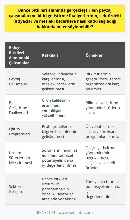 Bahçe Bitkileri Alanında Gerçekleştirilen Çalışmaların Katkıları  Bahçe bitkileri üretimi ve pazarlaması, Türkiyede öncelikli sektörler arasında yer alırken, bu alandaki peyzaj çalışmaları ve bitki geliştirme faaliyetlerinin sektördeki ihtiyaçlara ve mesleki becerilere katkı sağladığı görülmektedir. Ýlgili eğitim programları ve kurslar, profesyonellerin bilimsel yöntemleri benimsemesini ve bu yöntemlerle üretimi artırarak hizmet kalitesini yükseltmesini hedeflemektedir.  Eğitim Programlarının Önemi  Bahçe bitkileri alanındaki eğitim programları, işletmelerde çalışanların bilgi ve becerilerini geliştirip, sektörel ihtiyaçları karşılamasına yöneliktir. Bu eğitimler; bitki verimliliği, bilimsel yetiştirme yöntemleri ve türlerin geliştirilmesi gibi konuları kapsar. Ayrıca, zararlı organizmaların olumsuz etkilerine karşı önlemler almayı da içerir. Akademik programların elzem olduğu bu sektörde, üniversitelerde ve eğitim merkezlerinde verilen kurslar önemli      bir rol oynamaktadır.  Lisans Düzeyindeki Eğitim Fırsatları ve Kapsamı  Bahçe Bitkileri Üretimi ve Pazarlaması Bölümü, sadece Lefke Avrupa Üniversitesi bünyesinde lisans düzeyinde bulunurken, Türkiye genelinde ise ön lisans düzeyinde programlar sunulmaktadır. Bu bölüm, bahçe bitkileri konusunda bilimsel tekniklerin eğitimini veren bir lisans programıdır ve öğrenciler ziraat mühendisi unvanıyla mezun olmaktadırlar. Bölümün temel amacı, bahçelerde ve bağlarda yetiştirilen meyve ve sebzelerin bilimsel yöntemlerle yetiştirilmesi ve bitkilerin geliştirilip pazarlanması konularında bilinçli uzmanların yetiştirilmesidir.  Sektördeki İhtiyaçların Karşılanmasında Eğitimlerin Rolü  Peyzaj çalışmaları ve bitki geliştirme faaliyetleri, bahçe bitkileri sektöründeki ihtiyaçların ve mesleki becerilere yönelik katkı sağlamaktadır. Gerek ön lisans, gerekse lisans düzeyindeki eğitim programlarıyla alandaki profesyonellerin bilgi ve becerilerinin arttığı görülmekte ve bu sayede, doğru yöntemlerle üretilen ürünler daha sağlıklı ve kaliteli hale gelmektedir. Bahçe bitkileri sektöründe verilen eğitimler sayesinde, üretim süreçlerinde yaşanan sorunlar minimize edilmekte ve Türkiyenin tarımsal potansiyelini daha iyi değerlendirme imkânı ortaya çıkmaktadır.