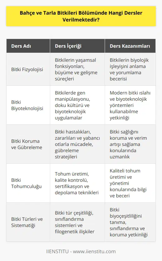 Bahçe ve tarla bitkileri bölümünde çoğunlukla aşağıdaki dersler verilmektedir:  • Bitki Fizyolojisi • Bitki Biyokimyası • Bitki Genetiği • Bitki Biyoteknolojisi • Bitki Yetiştiriciliği • Bitki Koruma ve Gübreleme • Bitki İlaçlaması • Bitki Örtüsü ve Bitki Şekillendirme • Bitki Fizyolojisi • Bitki Besleme • Bitki Tohumculuğu • Bitki Anatomisi • Bitki Morfolojisi • Bitki Türleri ve Sistematiği • Bitki Fizyolojisi Laboratuvarı