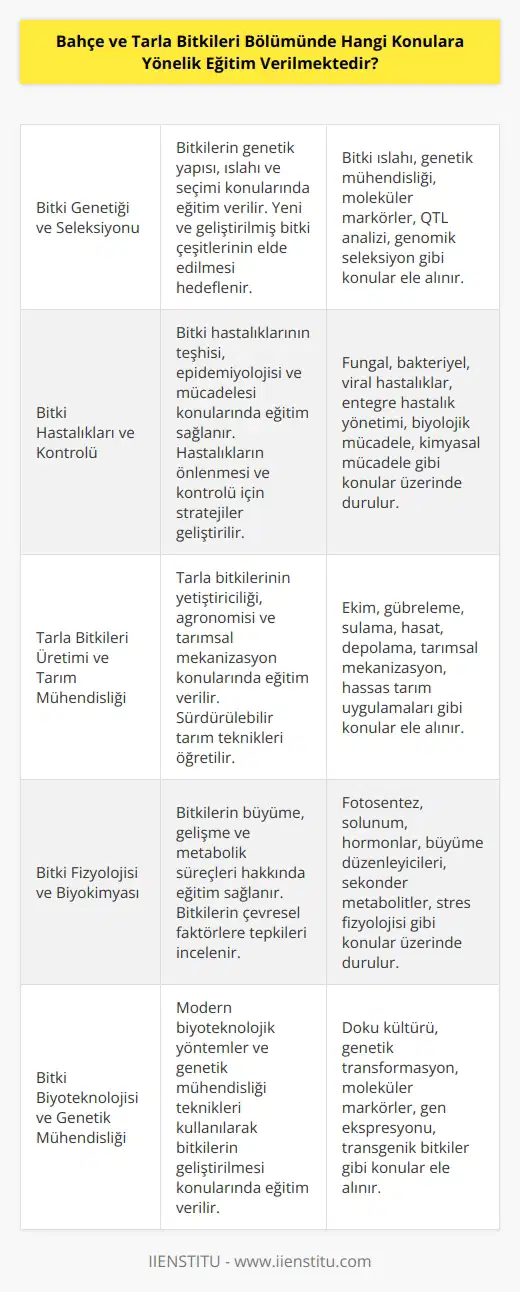 Bahçe ve Tarla Bitkileri Bölümünde verilen eğitim konuları arasında, bitki genetiği ve seleksiyonu, bitki biyokimyası, bitkisel beslenme, bitki hastalıkları ve kontrolü, tarla bitkileri üretimi ve tarım mühendisliği, yabancı otlar, tohum üretimi, bitki ana biyolojisi, bitki fizyolojisi, bitki tıbbi biyoloji, bitki ve yeşil alanlarda çevre bilimi, bitki üretim çevre biyolojisi, bitki üretim sistemleri, bitki üretim teknolojisi, biyoteknoloji, bitki biyoteknolojisi, bitki yetiştirme ve bitki çeşitliliği gibi konulara yönelik eğitim verilmektedir.