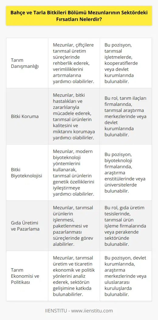 Bahçe ve tarla bitkileri bölümü mezunları, tarım ve gıda sektöründe çeşitli pozisyonlara girme fırsatına sahiptir. Mezunlar, tarım danışmanlığı, tarım mühendisliği, tarım teknolojisi, çiftçilik, bitki koruma, toprak işleme, bitki biyoteknolojisi, tahıl ve bitki üretimi, bitki hastalıklarının kontrolü gibi alanlarda çalışabilir. Mezunlar ayrıca hayvancılık, çiftlik yönetimi, gıda üretimi ve pazarlama,   , tarım makineleri, tarım ekonomisi ve tarım politikası gibi alanlarda da çalışma fırsatlarına sahiptir.