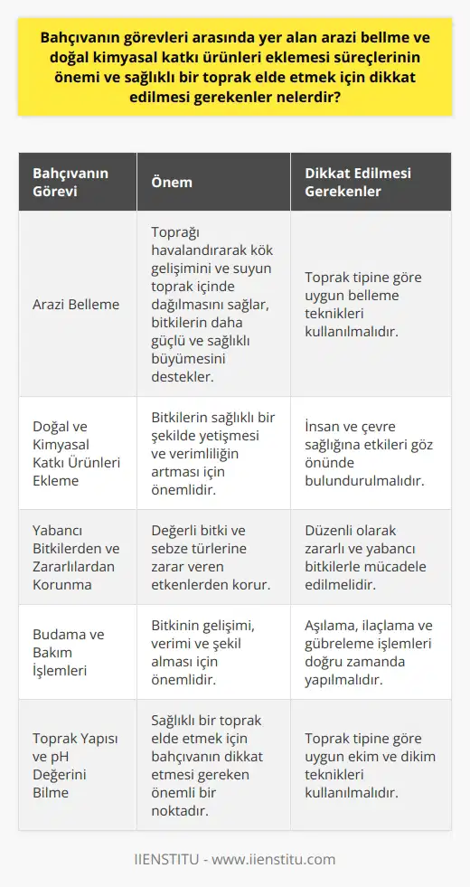 Bahçıvanın Görevleri ve Toprak Sağlığı  Bahçıvanlar, araziyi ekime ve dikime uygun hale getiren, toprağı yabancı bitkilerden ve zarar veren etkenden arındıran, bitki ve tohumları düzenleyen ve ekecek olan tohumların nereye dikileceğini işaretleyen kişilerdir. Bahçıvanın temel görevleri arasında arazi bellme ve doğal kimyasal katkı ürünleri eklemesi süreçlerinin önemi büyüktür.  Arazi Bellme Ve Doğal Kimyasal Katkı Ürünleri Eklemesi   Bahçıvan, araziyi bellemek ve gerekli olan doğal ve kimyasal katkı ürünlerini eklemek üzere hazırlık yapar. Bu işlem, bitkilerin sağlıklı bir şekilde yetişmesi ve verimliliğin artması için önemlidir. Bellme işlemi, toprağı havalandırarak kök gelişimini ve suyun toprak içinde dağılmasını sağlar. Bu sayede, bitkiler daha güçlü ve sağlıklı bir şekilde büyür.  Toprak Sağlığı İçin Dikkat Edilmesi Gerekenler   Sağlıklı bir toprak elde etmek için bahçıvanın dikkat etmesi gereken bazı noktalar vardır. Öncelikle, arazinin toprak yapısı ve pH değeri hakkında bilgi sahibi olması önemlidir. Toprak tipine göre uygun ekim ve dikim teknikleri kullanılmalıdır. Ayrıca, doğal ve kimyasal katkı ürünleri eklemeden önce insan ve çevre sağlığına etkileri göz önünde bulundurulmalıdır.  Yabancı Bitkilerden ve Zararlılardan Korunma  Bahçıvanlar, toprağı yabancı bitkilerden ve zarar veren her türlü etkenden arındırmakla yükümlüdür. Yabancı bitkiler, zararlılara bir yaşam alanı sunarak, değerli bitki ve sebze türlerine zarar verebilir. Bu nedenle, düzenli olarak zararlı ve yabancı bitkilerle mücadele edilmelidir.  Budama ve Bakım İşlemleri   Bahçıvanların görevleri arasında, bitkilerin ve ağaçların doğru zamanda budanması yer alır. Budama işlemi, bitkinin gelişimi, verimi ve şekil alması için önemlidir. Aşılama, ilaçlama ve gübreleme işlerini de bahçıvanın sorumlulukları arasındadır.  Sonuç olarak, bahçıvanın görevleri arasında yer alan arazi bellme ve doğal kimyasal katkı ürünleri eklemesi süreçleri, sağlıklı ve verimli topraklar elde etmek için büyük önem taşımaktadır. Bahçıvanın bu süreçleri doğru ve etkili bir şekilde yönetmesi, hem bitkilerin sağlığı ve gelişimi hem de insan ve çevre sağlığı açısından önemlidir.