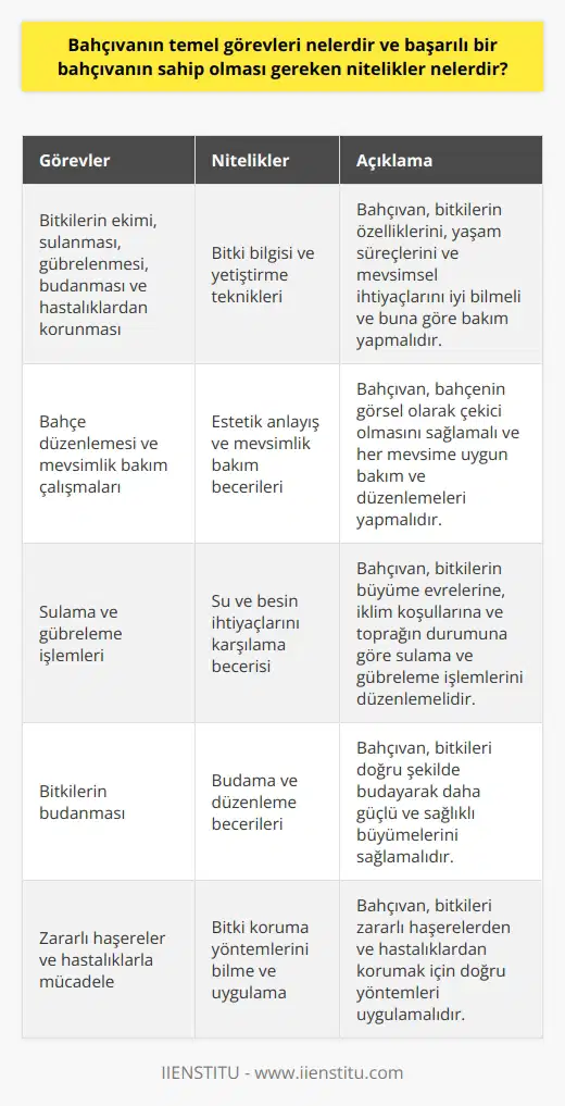 Bahçıvanlık Görevleri Bahçıvanın temel görevleri; bitkilerin ekimi, sulanması, gübrelenmesi, budanması ve hastalıklarından korunması gibi süreçleri düzenli olarak yönetmek ve bahçenin düzenini sağlamaktır. Bunun yanı sıra, bahçe düzenlemesi ve mevsimlik bakım çalışmaları da bahçıvanın sorumluluğundadır. Bitkilerin Ekimi ve Bakımı Etkili bir bahçıvan, bitkilerin ekimi ve bakımı konularında yeterli bilgi ve deneyime sahip olmalıdır. Bahçede yetiştirilecek bitkilerin özellikleri, yaşam süreçleri ve mevsimlere göre değişen ihtiyaçlarına hakim olması gerekmektedir. Ayrıca, bahçıvan bitkilerin zararlı haşerelerden ve hastalıklardan korunması için doğru yöntemlerin uygulanmasından sorumludur. Sulama ve Gübreleme Başarılı bir bahçıvan, bahçedeki bitkilerin ihtiyaç duyduğu su ve besin maddelerini uygun aralıklarla sağlamalıdır. Sulama ve gübreleme işlemleri, bitkilerin büyüme evreleri, iklim koşulları ve toprağın durumuna göre düzenlenmeli ve takip edilmelidir. Budama ve Düzenleme Bahçıvanın görevleri arasında bitkilerin budanması ve bahçenin düzeni de bulunmaktadır. Budama sayesinde bitkiler daha güçlü ve sağlıklı bir şekilde büyür. Bahçıvan, budama ve bahçenin düzeninde kendi estetik anlayışını kullanarak, bahçelerin görsel olarak da zengin ve çekici olmasını sağlar. Mevsimlik Bakım Bahçıvan, dört mevsime uygun olarak bahçenin bakımını ve gereken düzenlemeleri yapmalıdır. Her mevsime özgü bakım gereksinimleri, bitki seçimi ve yetiştirilme koşullarını bilmeli ve bahçe düzenlemesi de bu bilgiye göre ayarlanmalıdır. Sonuç olarak, başarılı bir bahçıvanın sahip olması gereken nitelikler; bitki bilgisi, yetiştirme teknikleri, su ve besin ihtiyaçlarını karşılama, budama ve düzenleme becerileri ile mevsimlik bakım ve düşünürleri yerine getirme becerisidir. Bu donanımlara sahip bahçıvanlar, bahçenin hem sağlıklı hem de estetik açıdan başarılı bir şekilde yönetilmesini sağlayabilirler.