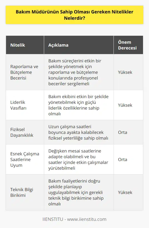 Bakım müdürü raporlama ve bütçeleme gibi süreçleri profesyonelce yürütebilme becerisi göstermelidir.    sahip olmalı, takım yönetimi gerçekleştirebilecek liderlik vasfına sahip olmaları gerekir. Uzun süre ayakta çalışabilecek fiziki yeterlilik göstermeleri gerekirken, değişken mesai saatleri içerisine uyum içinde çalışmalarını yürütmeleri de önemlidir.