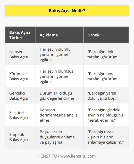 İnsanın bir konu hakkındaki tutum ve tavrıdır. Bakış açısı her kişiye göre değişkenlik gösterir. Hayata karşı tutumunu etkiler.