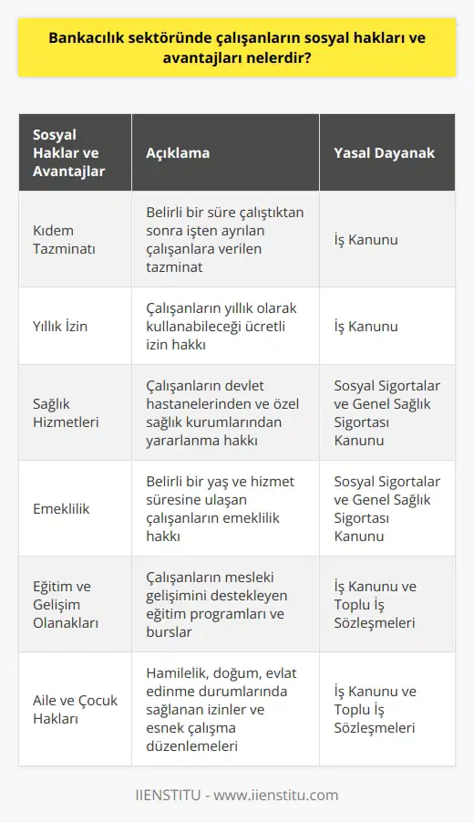Sosyal Güvence İlkeleri Bankacılık sektöründe çalışanların sosyal hakları ve avantajları, Türk mevzuatında düzenlenmiştir. İşçi temel olarak ndan ve sosyal sigortalar yasasından sağlanan haklara sahip olur. Bu çerçevede, kıdem tazminatı, yıllık izin, haftalık çalışma saati, ücret düzenlemeleri ve fazla mesai gibi haklara haizdirler. Sağlık ve Emeklilik Bankacılık sektöründe çalışanlar, sağlık ve emeklilik hizmetlerinden yararlanarak Türkiyedeki genel sosyal güvence sistemine dahil olurlar. Devlet hastanelerinden yararlanma hakkına sahip oldukları gibi, özel sektör sağlık hizmetlerine de ulaşabilirler. Ayrıca, belirlenen bir yaşa ve hizmet süresine ulaştıklarında, sosyal güvence üzerinden emeklilik hakkına sahip olurlar. İş Güvencesi ve Kariyer Fırsatları Bankacılık sektöründe çalışanların, ve istihdam sürekliliği sağlanır. İşe alınma süreçleri ve ilerleme şartları yasal düzenlemelerle belirlenmiştir; bu sayede çalışanlar, istihdam sürekliliği ve kariyer gelişimine olanak sağlayacak koşullarda görev alırlar. Eğitim ve Gelişim İmkânları Bankacılık sektöründe çalışanlar, genellikle eğitim ve gelişim programlarına katılma hakkına sahiptirler. Bu süreçler, sektörde profesyonel anlamda gelişmeyi hedefler ve çalışanların motivasyonunu artırmaya yönelik avantajlar sunar. Aynı zamanda, eğitime erişim olanaklarını sağlayan burslar ve terfi mekanizmaları da çalışanların sosyal hakları arasındadır. Aile ve Çocuk Hakları Bankacılık sektöründe çalışanlar, aile ve çocukların refahına yönelik düzenlemelerden de yararlanır. Hamilelik, doğum ve evlat edinme durumlarında, izin hakları ve esnek çalışma düzenlemeleri sağlanır. Çocuk bakımı ve eğitimi ile ilgili destekler sunulur; çalışanların bu doğrultuda yaşamlarını dengede tutmak adına sosyal hakları genişletilir. Özetle, bankacılık sektöründe çalışanların sosyal hakları ve avantajları, Türk mevzuatı tarafından belirlenmiş olup; çalışanların yaşam kalitesini yükselten hizmetler sunmaktadır. Bu haklar ve avantajlar; , emeklilik, eğitim ve gelişim imkânları, aile-çocuk hakları gibi pek çok önemli konuya değinmektedir.