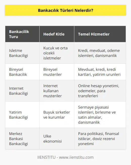 Bankacılık türleri şunlardır: 1. İşletme Bankacılığı 2. Bireysel Bankacılık 3. İnternet Bankacılığı 4. Yatırım Bankacılığı 5. Kredi Bankacılığı 6. Uluslararası Bankacılık 7. Kurumsal Bankacılık 8. Merkez Bankası Bankacılığı 9. Sigorta Bankacılığı 10. Ticari Bankacılık
