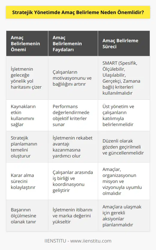 İşiniz için amaçlar ve hedefler belirlemek işinizi ileriye taşımak için esastır. Aynı zamanda çalışanların başarılı olabilmek için paylaştıkları bir vizyon görevi de görür. Amaç belirlemek bu amaçlara nasıl ulaşılacağına ve organizasyondaki her çalışanın ne yapacağına dair detaylı bilgi vermek zorundadır.
