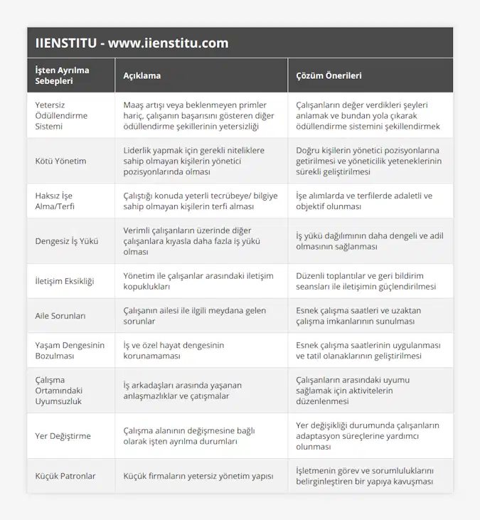 Yetersiz Ödüllendirme Sistemi, Maaş artışı veya beklenmeyen primler hariç, çalışanın başarısını gösteren diğer ödüllendirme şekillerinin yetersizliği, Çalışanların değer verdikleri şeyleri anlamak ve bundan yola çıkarak ödüllendirme sistemini şekillendirmek, Kötü Yönetim, Liderlik yapmak için gerekli niteliklere sahip olmayan kişilerin yönetici pozisyonlarında olması, Doğru kişilerin yönetici pozisyonlarına getirilmesi ve yöneticilik yeteneklerinin sürekli geliştirilmesi, Haksız İşe Alma/Terfi, Çalıştığı konuda yeterli tecrübeye/ bilgiye sahip olmayan kişilerin terfi alması, İşe alımlarda ve terfilerde adaletli ve objektif olunması, Dengesiz İş Yükü, Verimli çalışanların üzerinde diğer çalışanlara kıyasla daha fazla iş yükü olması, İş yükü dağılımının daha dengeli ve adil olmasının sağlanması, İletişim Eksikliği, Yönetim ile çalışanlar arasındaki iletişim kopuklukları, Düzenli toplantılar ve geri bildirim seansları ile iletişimin güçlendirilmesi, Aile Sorunları, Çalışanın ailesi ile ilgili meydana gelen sorunlar, Esnek çalışma saatleri ve uzaktan çalışma imkanlarının sunulması, Yaşam Dengesinin Bozulması, İş ve özel hayat dengesinin korunamaması, Esnek çalışma saatlerinin uygulanması ve tatil olanaklarının geliştirilmesi, Çalışma Ortamındaki Uyumsuzluk, İş arkadaşları arasında yaşanan anlaşmazlıklar ve çatışmalar, Çalışanların arasındaki uyumu sağlamak için aktivitelerin düzenlenmesi, Yer Değiştirme, Çalışma alanının değişmesine bağlı olarak işten ayrılma durumları, Yer değişikliği durumunda çalışanların adaptasyon süreçlerine yardımcı olunması, Küçük Patronlar, Küçük firmaların yetersiz yönetim yapısı, İşletmenin görev ve sorumluluklarını belirginleştiren bir yapıya kavuşması