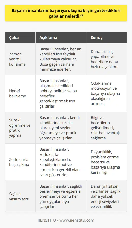 Başarılı insanlar, her anı kendileri için faydalı kullanmaya çalışırlar. Hedeflerini belirlerler ve bunları gerçekleştirmek için çalışırlar. Kendi kendilerine sürekli olarak yeni şeyler öğrenmeye ve pratik yapmaya çalışırlar. Hayallerinin peşinden giderken, başarıya yaklaşmak için çabalarını tüm gücüyle harcarlar. Zorluklarla karşılaştıklarında, kendilerini motive etmek için gerekli olan sabrı gösterirler. Güçlü bir çevre oluştururlar, kendi aralarında ve dışarıdaki insanlar arasında iyi ilişkiler kurarlar.   ini takip ederler ve bu rutinleri takip etmek için çaba gösterirler. Sağlıklı beslenmeyi ve egzersizi önemserler ve bunu her gün uygulamaya çalışırlar. Son olarak, başarıya ulaşmak için fırsatlarını değerlendirmek için çabalarlar.