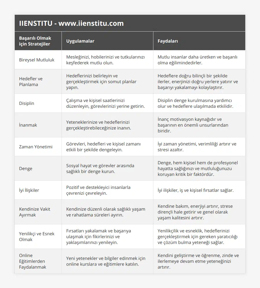 Bireysel Mutluluk, Mesleğinizi, hobilerinizi ve tutkularınızı keşfederek mutlu olun, Mutlu insanlar daha üretken ve başarılı olma eğilimindedirler, Hedefler ve Planlama, Hedeflerinizi belirleyin ve gerçekleştirmek için somut planlar yapın, Hedeflere doğru bilinçli bir şekilde ilerler, enerjinizi doğru yerlere yatırır ve başarıyı yakalamayı kolaylaştırır, Disiplin, Çalışma ve kişisel saatlerinizi düzenleyin, görevlerinizi yerine getirin, Disiplin denge kurulmasına yardımcı olur ve hedeflere ulaşılmada etkilidir, İnanmak, Yeteneklerinize ve hedeflerinizi gerçekleştirebileceğinize inanın, İnanç motivasyon kaynağıdır ve başarının en önemli unsurlarından biridir, Zaman Yönetimi, Görevleri, hedefleri ve kişisel zamanı etkili bir şekilde dengeleyin, İyi zaman yönetimi, verimliliği artırır ve stresi azaltır, Denge, Sosyal hayat ve görevler arasında sağlıklı bir denge kurun, Denge, hem kişisel hem de profesyonel hayatta sağlığınızı ve mutluluğunuzu koruyan kritik bir faktördür, İyi İlişkiler, Pozitif ve destekleyici insanlarla çevrenizi çevreleyin, İyi ilişkiler, iş ve kişisel fırsatlar sağlar, Kendinize Vakit Ayırmak, Kendinize düzenli olarak sağlıklı yaşam ve rahatlama süreleri ayırın, Kendine bakım, enerjiyi artırır, strese dirençli hale getirir ve genel olarak yaşam kalitesini artırır, Yenilikçi ve Esnek Olmak, Fırsatları yakalamak ve başarıya ulaşmak için fikirlerinizi ve yaklaşımlarınızı yenileyin, Yenilikçilik ve esneklik, hedeflerinizi gerçekleştirmek için gereken yaratıcılığı ve çözüm bulma yeteneği sağlar, Online Eğitimlerden Faydalanmak, Yeni yetenekler ve bilgiler edinmek için online kurslara ve eğitimlere katılın, Kendini geliştirme ve öğrenme, zinde ve ilerlemeye devam etme yeteneğinizi artırır