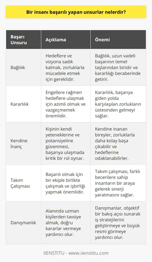 Başarıya giden unsur: Takım Çalışması  Başarıya giden yolda gerekli olan birçok unsur vardır ve bu unsurları araştırmak uzun zamandır üzerinde durduğum bir konu. Bağlılık, kararlılık, kendine inanç ve hedefe kilitlenme gibi kavramlar genellikle başarıya ulaşmada belirleyici faktörler olarak kabul edilir. Ancak daha detaylı ve samimi bir bakış açısıyla yaklaştığımızda, bu kavramların yanı sıra bir diğer önemli faktörün varlığını görürüz: takım çalışması.  Çoğu başarılı iş insanının hikayesi birer birey olarak onları başarıya götüren yolculuklarıdır. Ancak bu hikayeler, genellikle başarıya giden gerçek yol üzerinde hangi adımların atıldığını veya bu adımların atılmasına yardımcı olacak kişilerin ne kadar önemli olduğunu göz ardı eder. Tüm bu başarı öykülerinde bir efsane haline gelen yalnız kurt” yapılanmasının uzun vadede başarısızlığa götürebileceğini unutmamak gereklidir.   Başarıya Ulaşmanın Anahtarı: Danışmanlık  Araştırmalarım sırasında bir diğer önemli keşfim, başarılı girişimcilerin işlerine başka bir bakış açısı getirebilecek kişilere, yani danışmanlara ihtiyaç duymalarıdır. Bu profesyoneller, sektörünüzdeki trendleri izleyerek hedeflerinize ulaşmanızı sağlarlar ve önemli kararlar almanıza yardımcı olurlar. Gerçekten de, danışmana sahip olmak iş hayatınızı büyük ölçüde değiştirebilir çünkü danışmanlar sizi günlük iş yükünden bir nebze uzaklaştırarak büyük resmi görmenizi sağlarlar.  Sonuç olarak, bir insanın başarısında dikkate almamız gereken en önemli unsurların bağlılık, kararlılık, kendine inanç ve hedefe kilitlenme olduğunu gördük. Ancak, bu unsurların yanı sıra önemli olan bir diğer unsurun da güçlü bir ekip ve danışmanlık olduğunu vurgulamamız gerekiyor. Başarı hikayelerinde çoğunlukla göz ardı edilen bu unsurlar, gerçekten başarılı olmak isteyen bireylerin dikkate alması gereken etmenlerdendir.