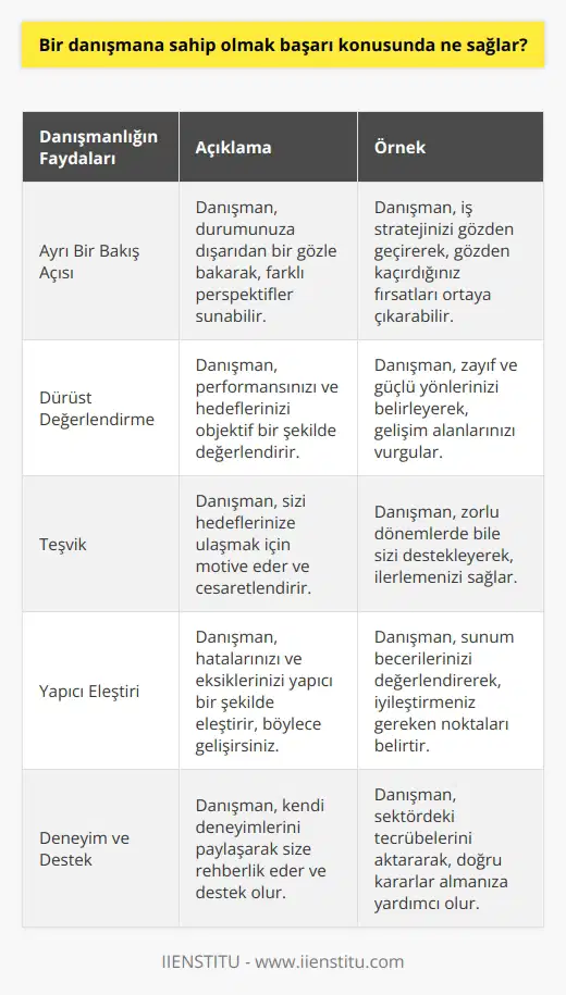 Bir danışmana sahip olmanın getirileri şunlardır, Ayrı bir bakış açısı, Dürüst değerlendirme, Bir teşvik, Yapıcı eleştiri, Deneyim, Destek.