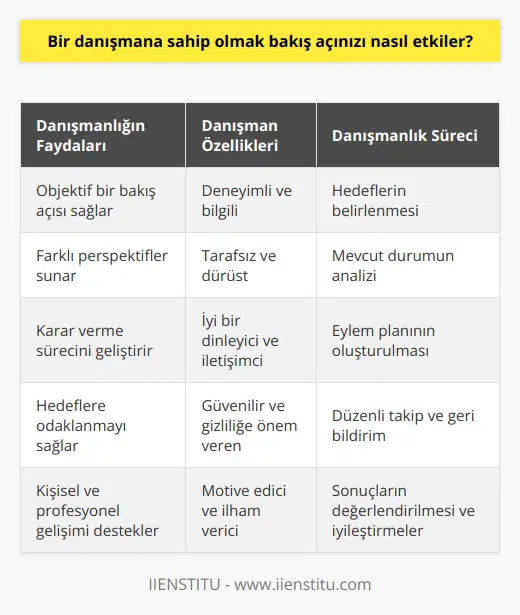 Bir danışmana sahip olmak size işinizi görmek için başka bir çift göz sağlar. Bu uzaklık danışmanınızın büyük resmi görmenizi sağlar ve sizin hedeflerinize odaklanmanıza ve ne yaptığınıza bakış açısı getirmeye yardımcı olur.