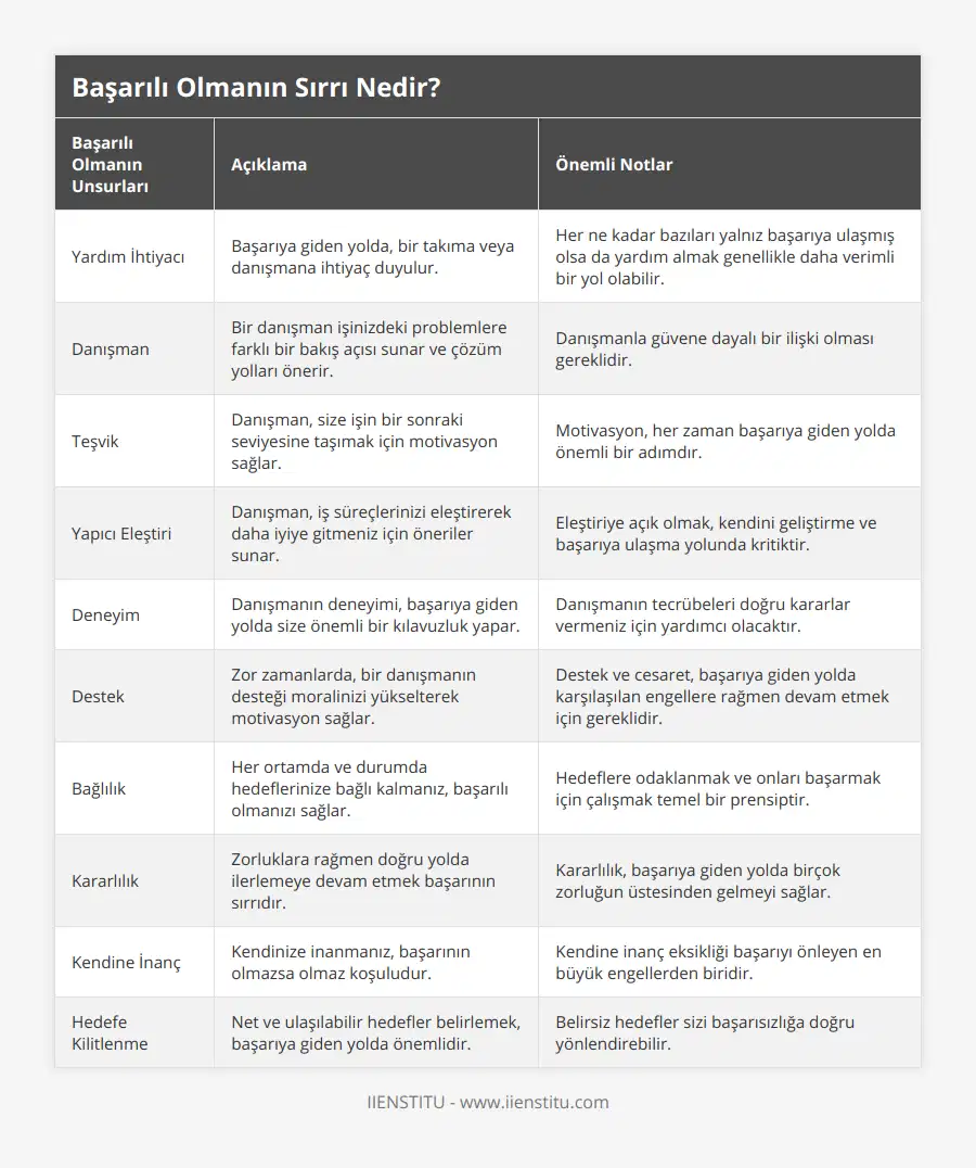 Yardım İhtiyacı, Başarıya giden yolda, bir takıma veya danışmana ihtiyaç duyulur, Her ne kadar bazıları yalnız başarıya ulaşmış olsa da yardım almak genellikle daha verimli bir yol olabilir, Danışman, Bir danışman işinizdeki problemlere farklı bir bakış açısı sunar ve çözüm yolları önerir, Danışmanla güvene dayalı bir ilişki olması gereklidir, Teşvik, Danışman, size işin bir sonraki seviyesine taşımak için motivasyon sağlar, Motivasyon, her zaman başarıya giden yolda önemli bir adımdır, Yapıcı Eleştiri, Danışman, iş süreçlerinizi eleştirerek daha iyiye gitmeniz için öneriler sunar, Eleştiriye açık olmak, kendini geliştirme ve başarıya ulaşma yolunda kritiktir, Deneyim, Danışmanın deneyimi, başarıya giden yolda size önemli bir kılavuzluk yapar, Danışmanın tecrübeleri doğru kararlar vermeniz için yardımcı olacaktır, Destek, Zor zamanlarda, bir danışmanın desteği moralinizi yükselterek motivasyon sağlar, Destek ve cesaret, başarıya giden yolda karşılaşılan engellere rağmen devam etmek için gereklidir, Bağlılık, Her ortamda ve durumda hedeflerinize bağlı kalmanız, başarılı olmanızı sağlar, Hedeflere odaklanmak ve onları başarmak için çalışmak temel bir prensiptir, Kararlılık, Zorluklara rağmen doğru yolda ilerlemeye devam etmek başarının sırrıdır, Kararlılık, başarıya giden yolda birçok zorluğun üstesinden gelmeyi sağlar, Kendine İnanç, Kendinize inanmanız, başarının olmazsa olmaz koşuludur, Kendine inanç eksikliği başarıyı önleyen en büyük engellerden biridir, Hedefe Kilitlenme, Net ve ulaşılabilir hedefler belirlemek, başarıya giden yolda önemlidir, Belirsiz hedefler sizi başarısızlığa doğru yönlendirebilir